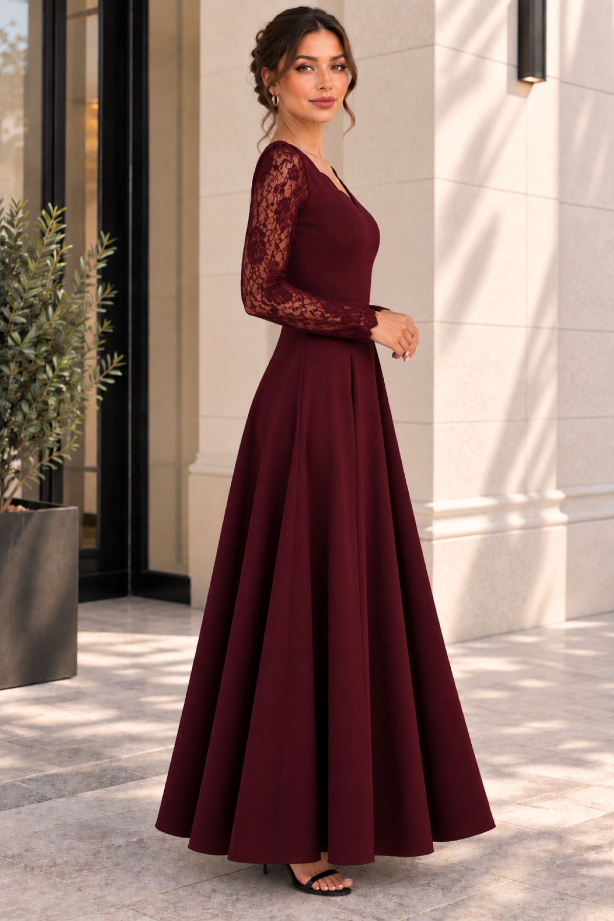 DRESSIFY WOMEN’S FASHION Kadın Uzun Kollu Dalgalı V Yaka Dantel Kol Detaylı Krep Uzun Abiye Elbise görsel 2