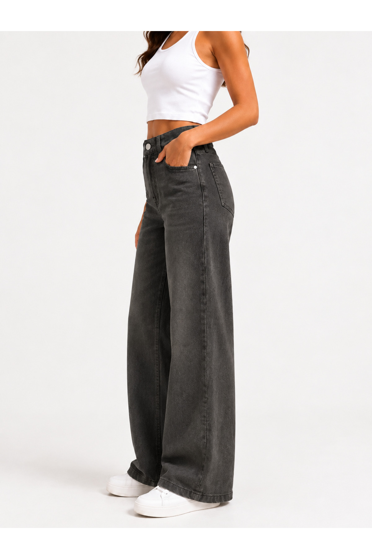 J&KSTORES Kadın Yüksek Bel Bol Paça Jean Kot Palazzo Pantolon görsel 4