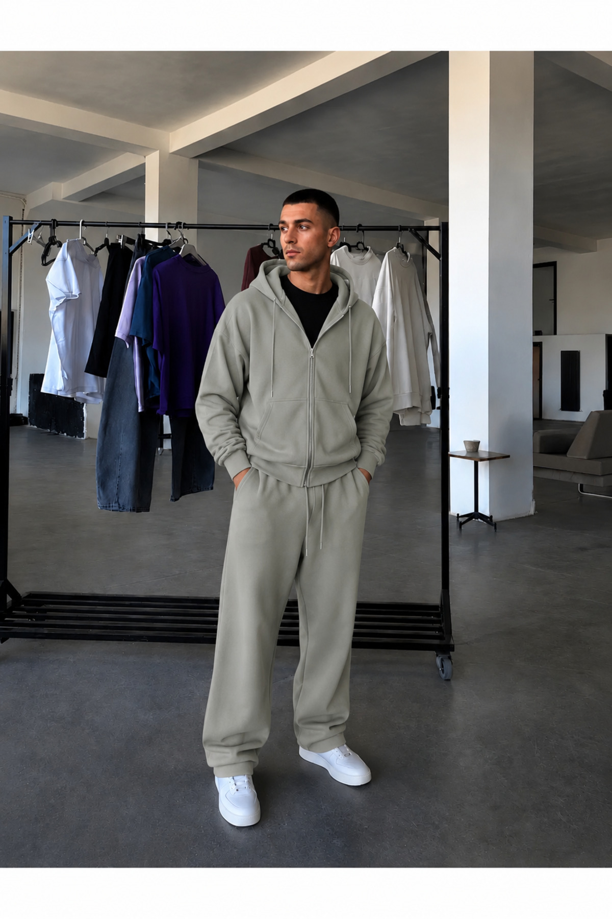 BARLİZ Erkek Fermuarlı Bol Paça Baggy Oversize İkili Eşofman Takımı — خاکستری BGHRTK2