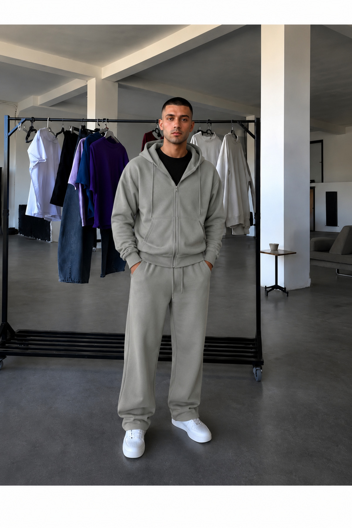 Erkek Fermuarlı Bol Paça Baggy Oversize İkili Eşofman Takımı — خاکستری BGHRTK2 — تصویر 3 از 3