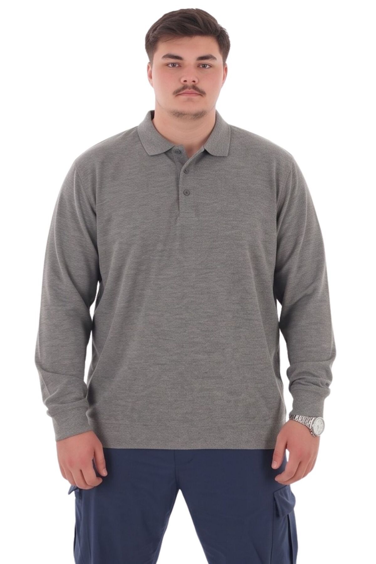 marufshop Erkek Büyük Beden 115-155 Kilo Arası İçin Uygun Uzun Kol Polo Yaka Mevsimlik Sweatshirt Antrasit