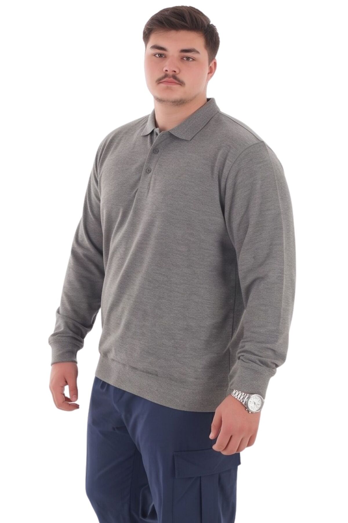 marufshop Erkek Büyük Beden 115-155 Kilo Arası İçin Uygun Uzun Kol Polo Yaka Mevsimlik Sweatshirt Antrasit görsel 4