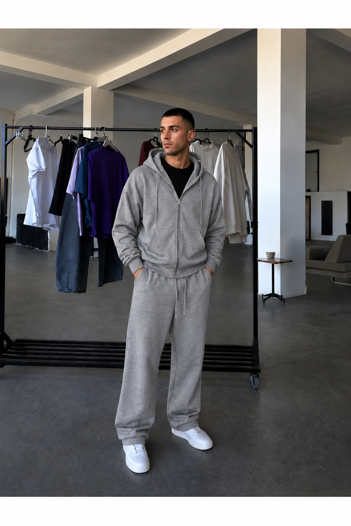 BARLİZ Erkek Fermuarlı Bol Paça Baggy Oversize İkili Eşofman Takımı — خاکستری BGHRTK2