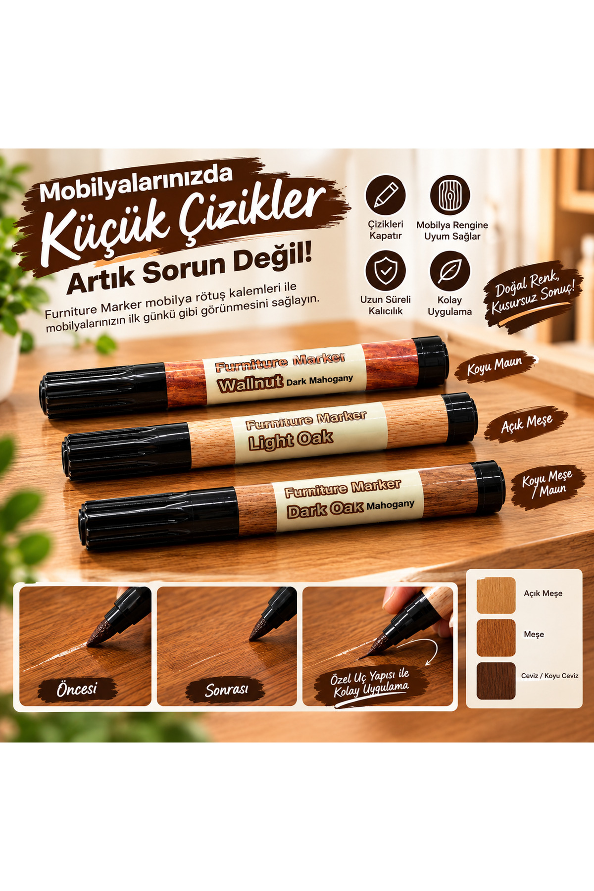 YB Home 3'lü Mobilya Rötuş Kalemi Seti – Açık Meşe, Meşe ve Koyu Ceviz – Ahşap Çizik Kapatıcı