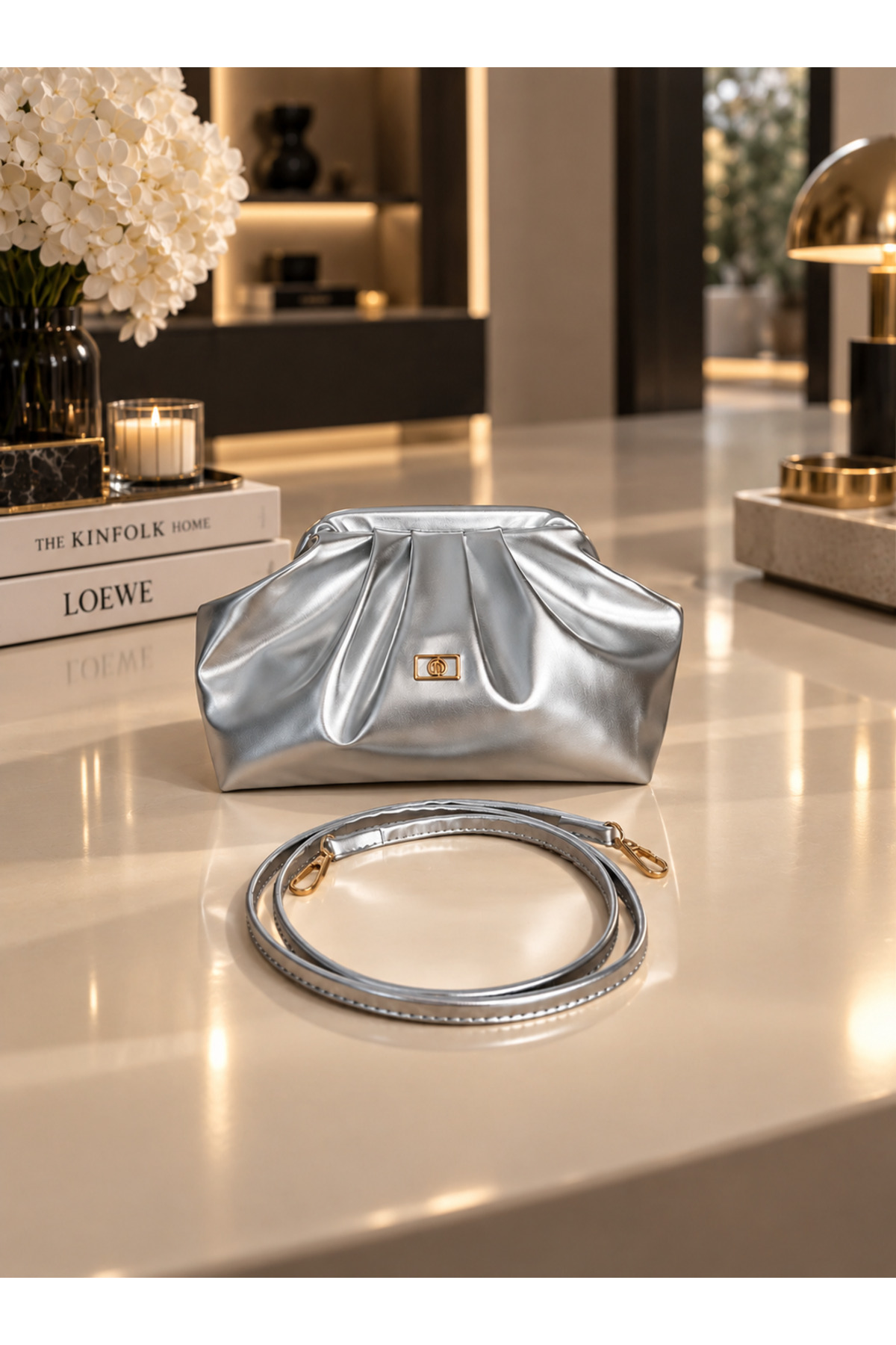 Yeeys Parlak Suni Deri Gold Detaylı Orta Boy Askılı Kadın Abiye Clutch Çanta görsel 2