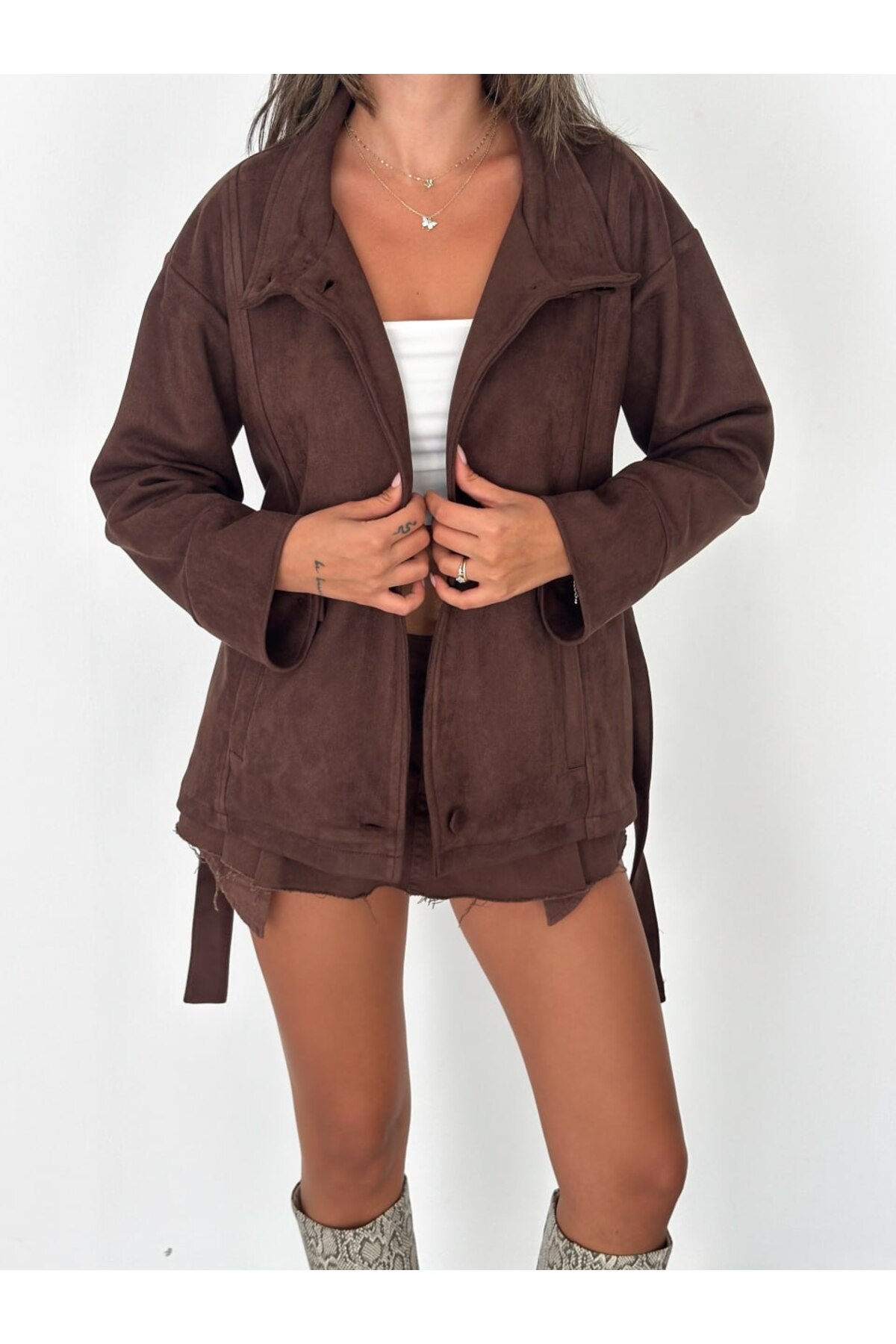 MİSPİER Süet Astarlı Kuşaklı Önden Bağlamalı Düğmeli Ceket görsel 3