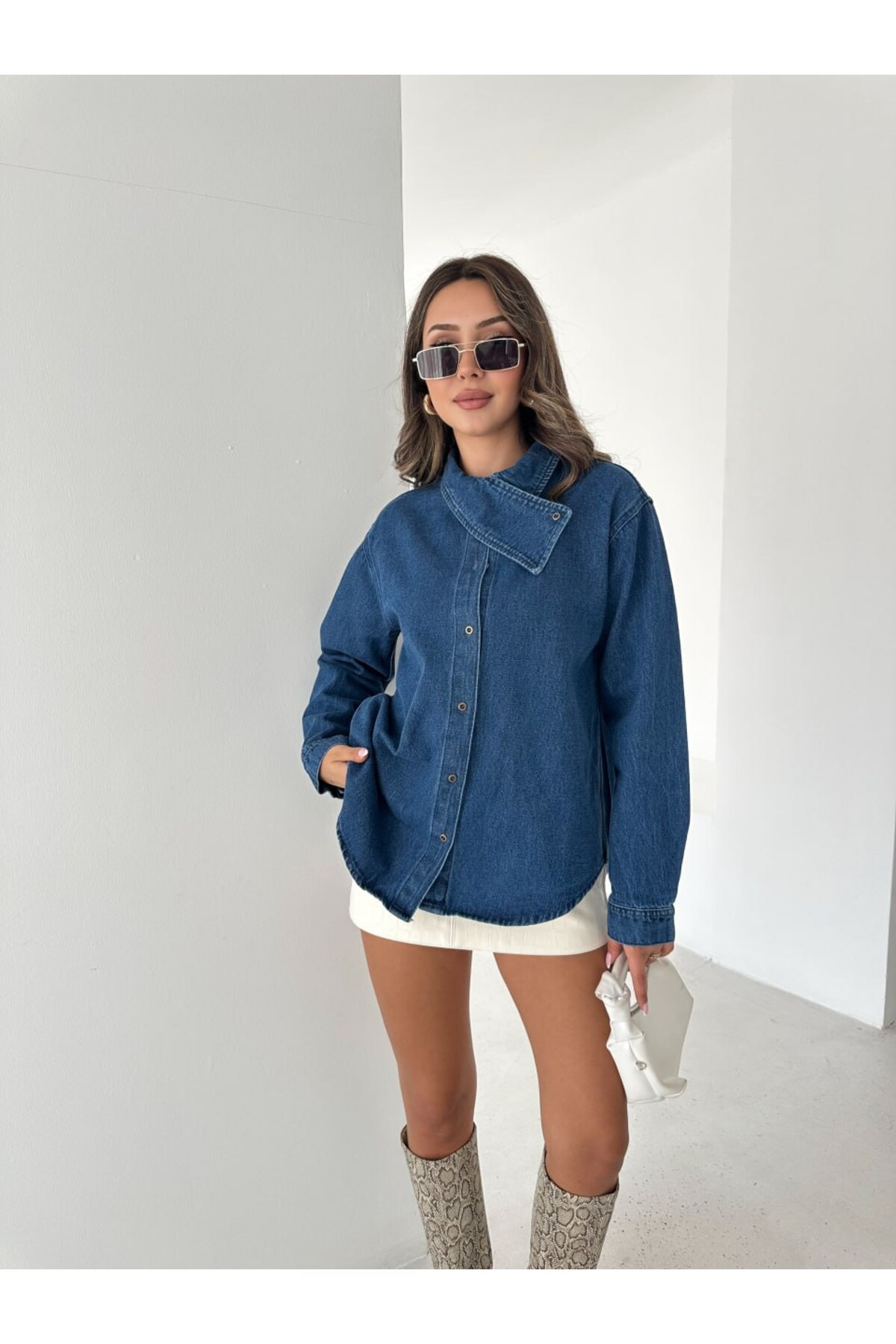 MİSPİER Tencel kot Ceket Çıtçıtlı Yaka Detaylı