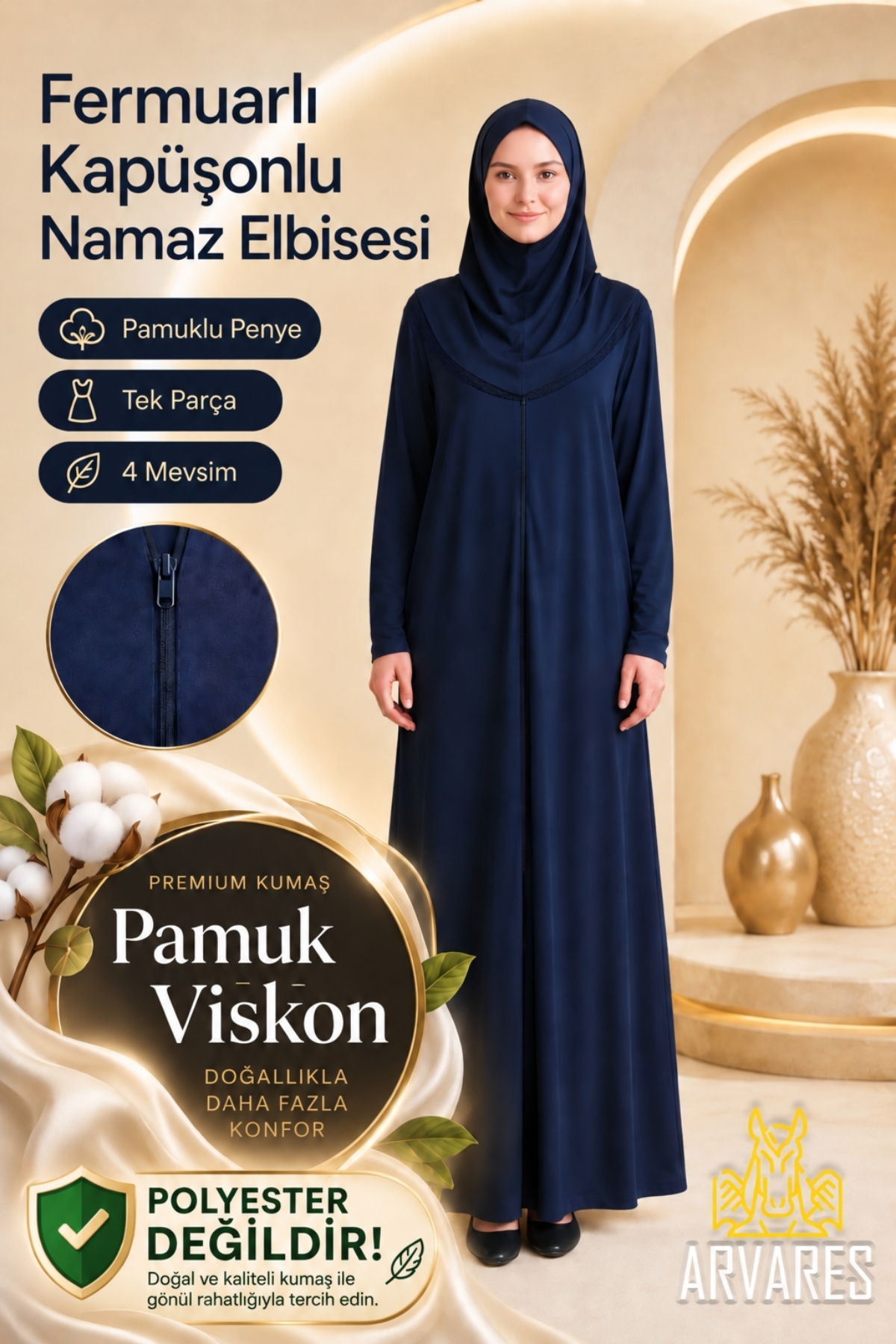 ARVARES Kadın Fermuarlı Tek Parça Kendinden Başörtülü Pamuk Viskon Penye Terletmeyen Namaz Elbisesi