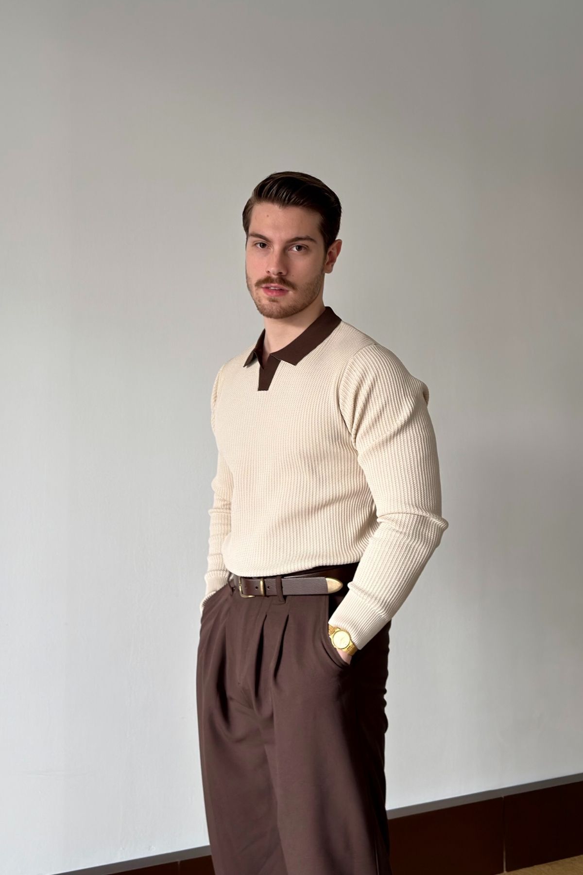 Livio Ferri Atri Çift Renk Dokulu Regular Fit Polo Yaka Bej Erkek Triko Kazak görsel 2