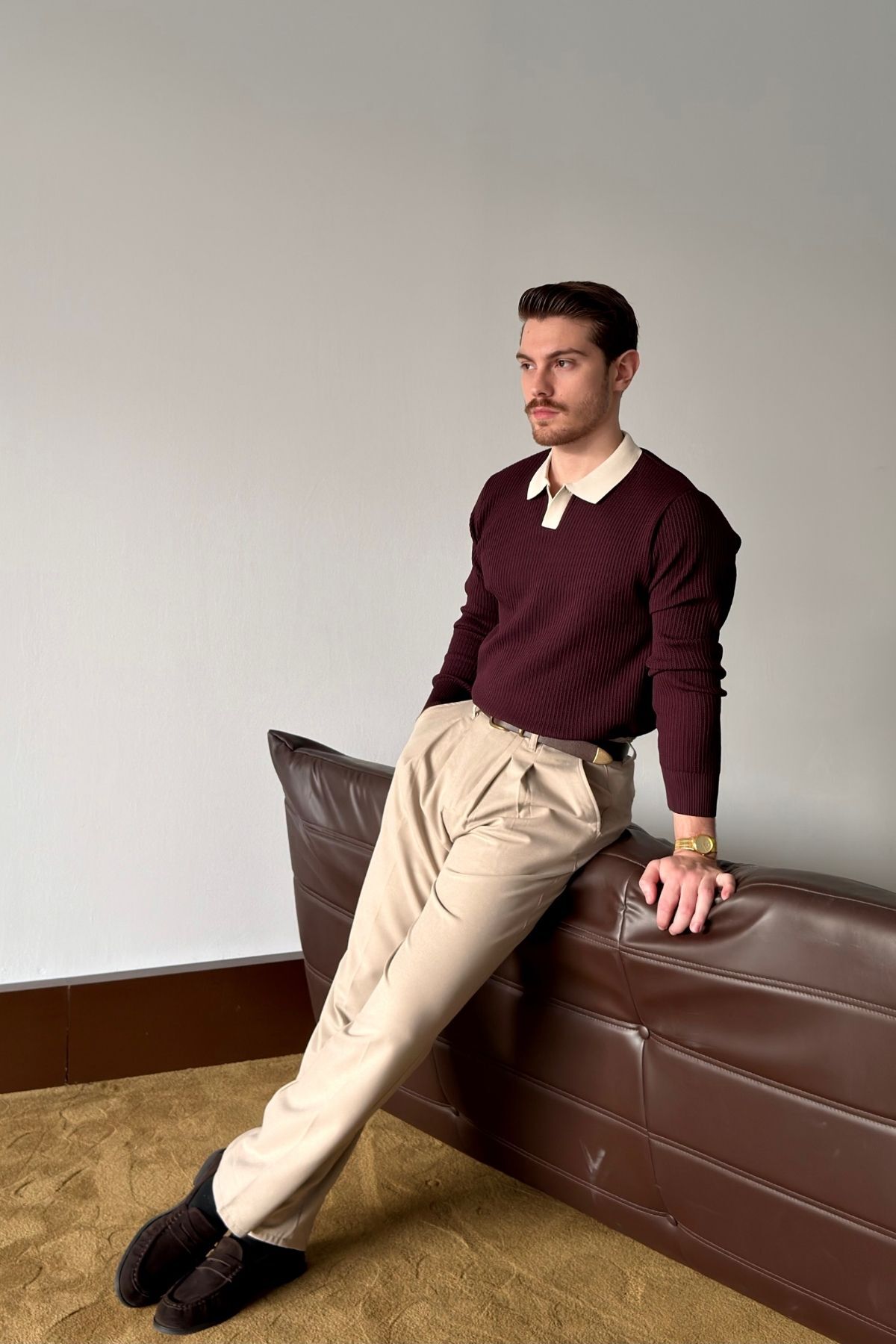 Atri Çift Renk Dokulu Regular Fit Polo Yaka Bordo Erkek Triko Kazak — رنگارنگ 36031 — تصویر 5 از 8