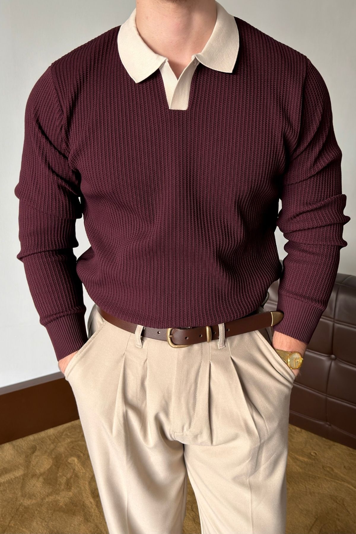 Atri Çift Renk Dokulu Regular Fit Polo Yaka Bordo Erkek Triko Kazak — رنگارنگ 36031 — تصویر 2 از 8