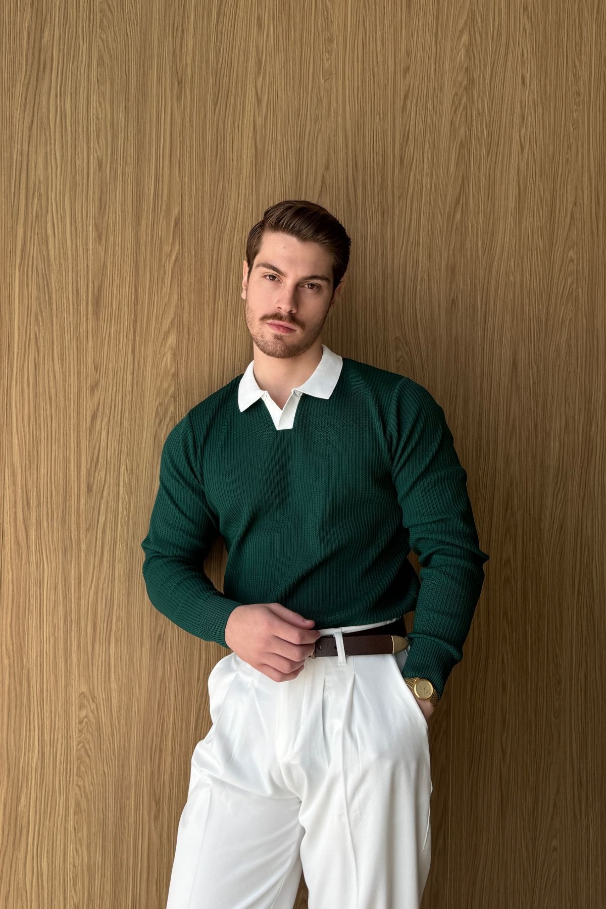 Atri Çift Renk Dokulu Regular Fit Polo Yaka Nefti Erkek Triko Kazak — رنگارنگ 36031 — تصویر 3 از 8