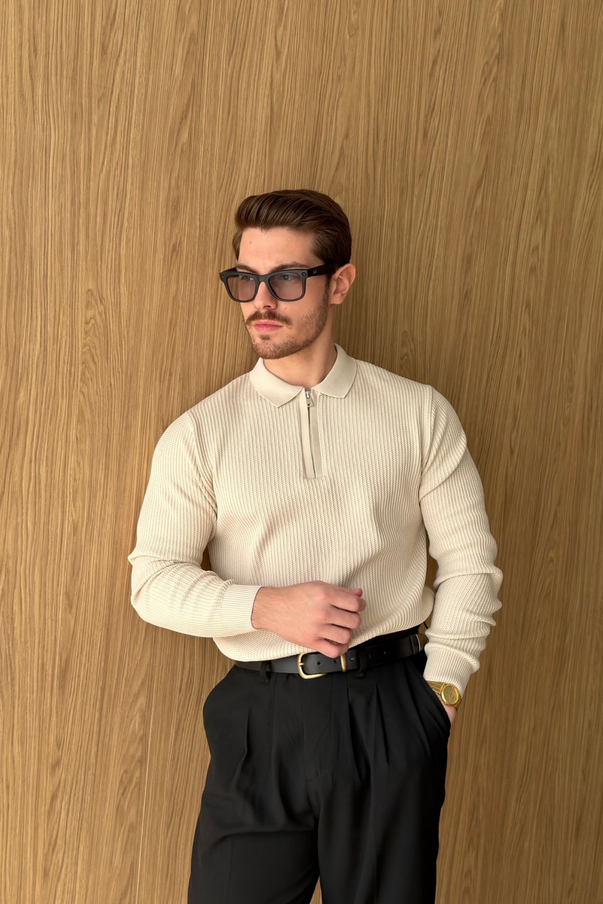 پلیور بافتنی مردانه بژ یقه نیم زیپ بافت دار Noli — رنگارنگ 36032 — تصویر 4 از 8