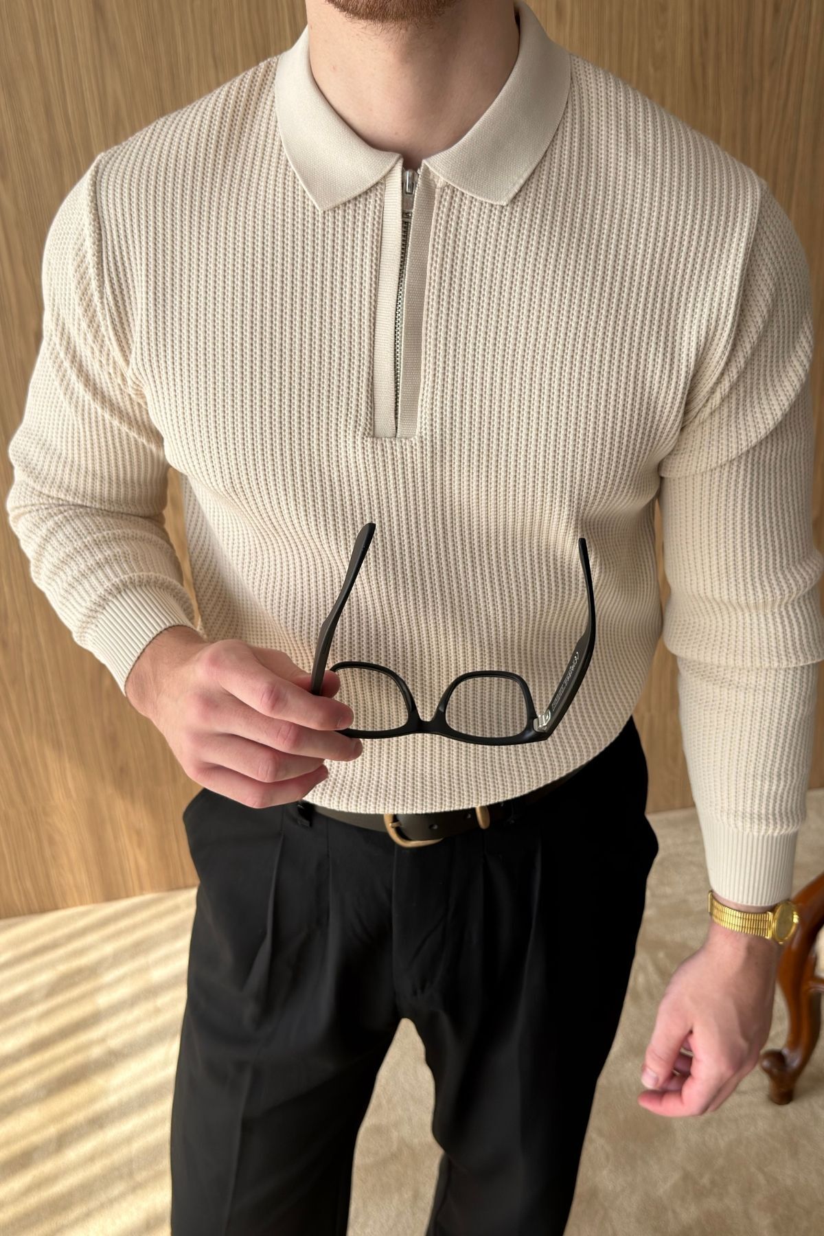 Noli Dokulu Yarım Fermuarlı Polo Yaka Regular Fit Bej Erkek Triko Kazak — رنگارنگ 36032
