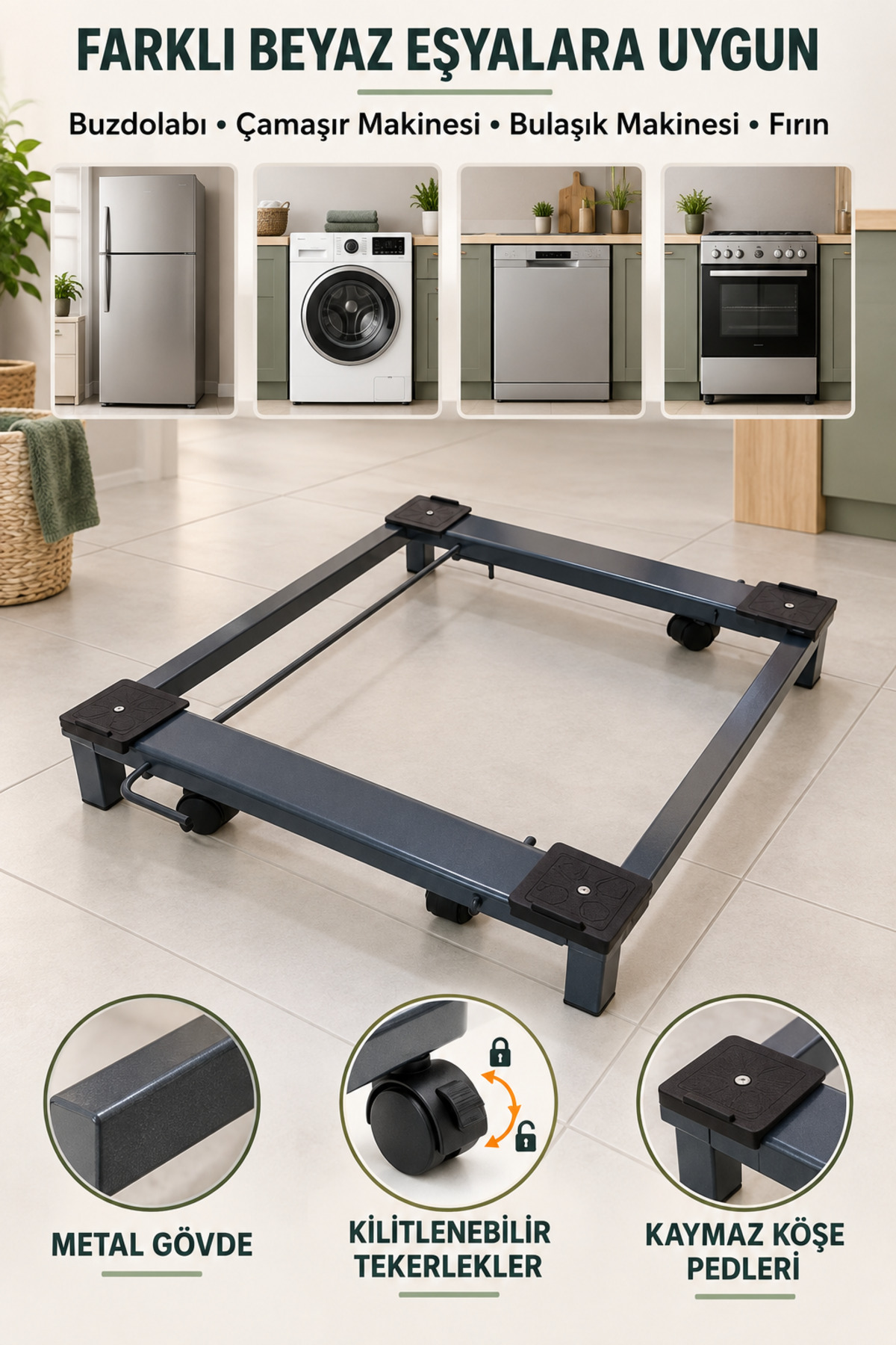 Decorness Metal Beyaz Eşya Altlığı Çeksür – Tekerlekli ve Kilitlenebilir Çamaşır Makinesi, Buzdolabı, Bulaşık Makinesi Standı