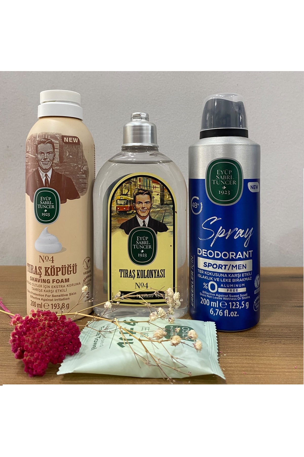 ERKEK ÜÇLÜ BAKIM SETİ, TIRAŞ KÖPÜĞÜ 200ML, NO4, KOLONYASI 250ML NO4, SPORT SPREY DEODORANT 200ML, Compressed face towel — hpro-estseries0715