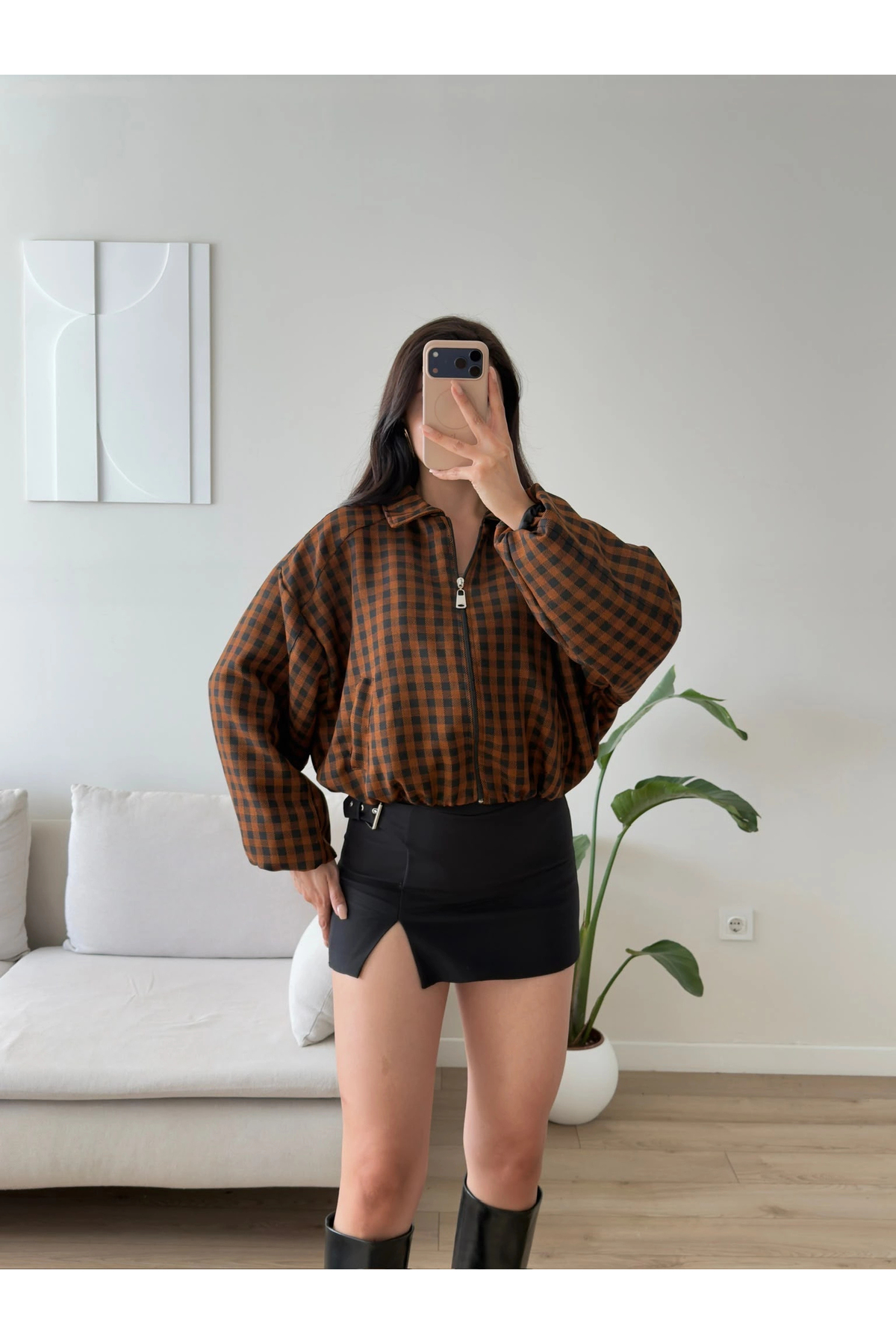Zoom Butik Ekose Desen Oversize Mont - KAHVE görsel 4