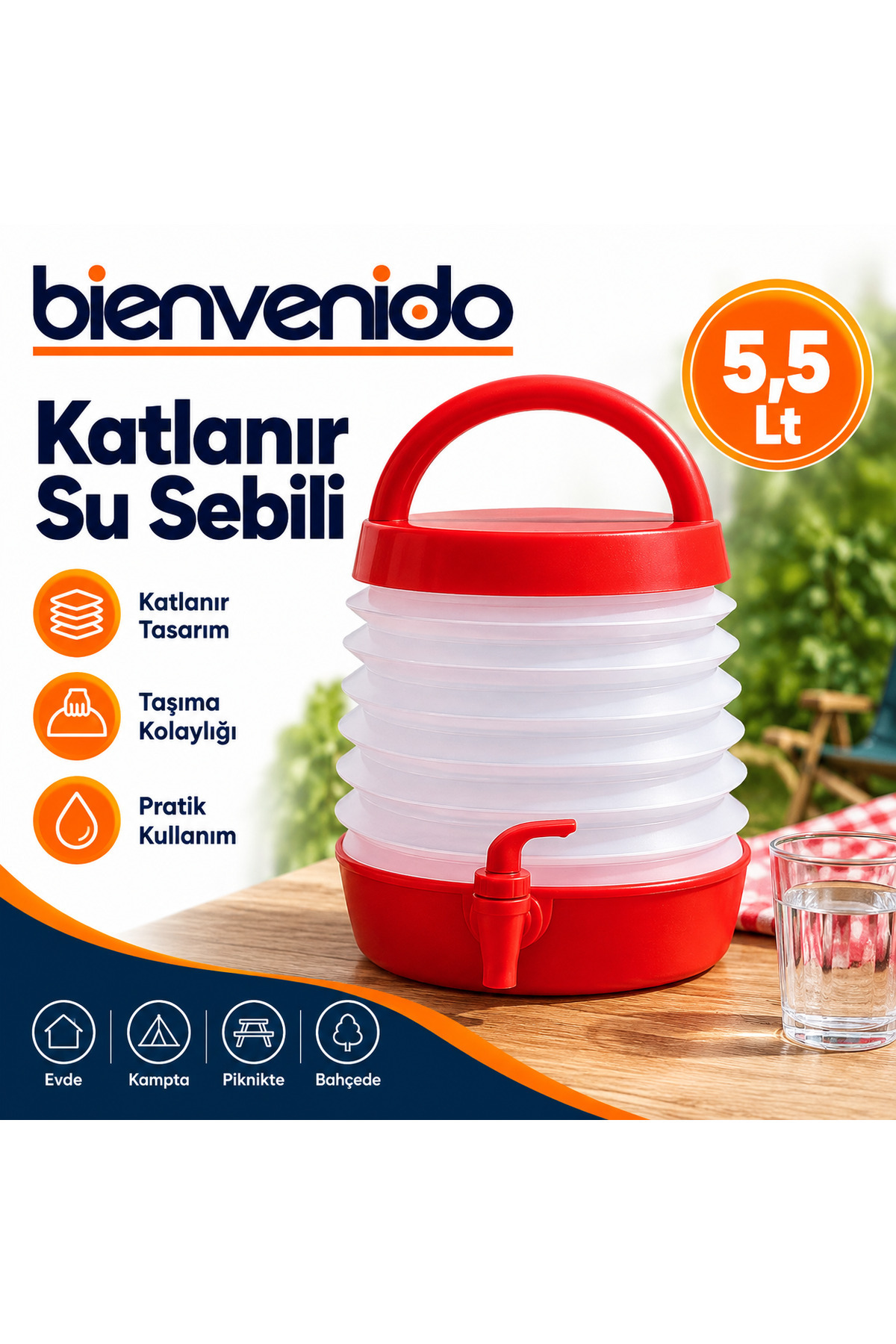 Akordiyonlu Su Sebili Meşrubat İçecek Kabı Bidonu Damacana Katlanabilir Musluklu Körüklü 5.5 Litre