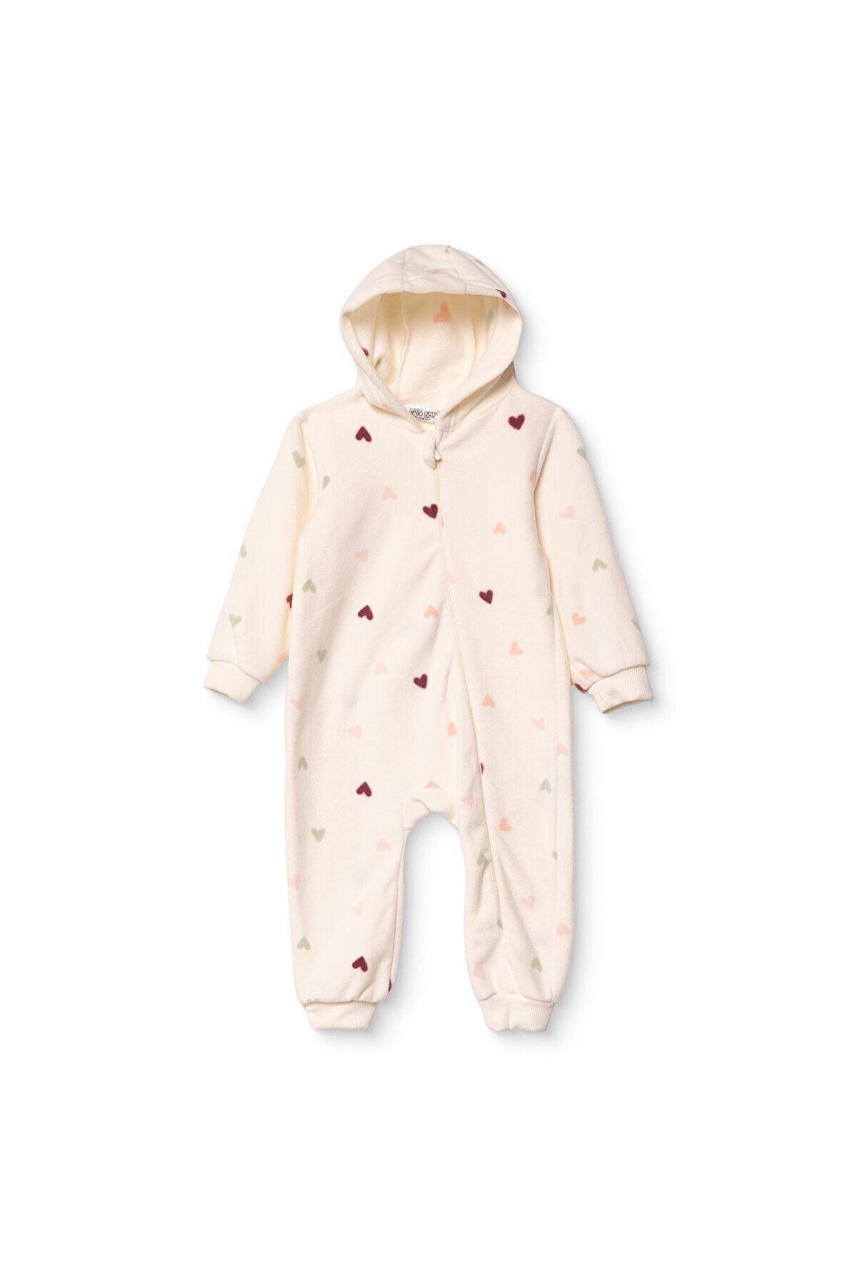 HelloBaby Kız Bebek Polar Tulum Kalp Baskılı Fermuarlı Kapüşonlu Long Sleeve Lastikli