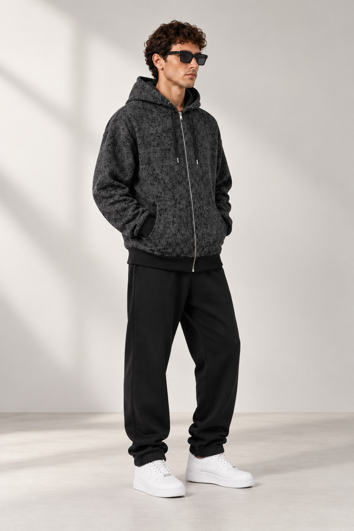 Joetsu Unisex Oversize Desenli Fermuarlı Kapüşonlu Sweatshirt Cepli Rahat Kalıp Streetwear Hoodie