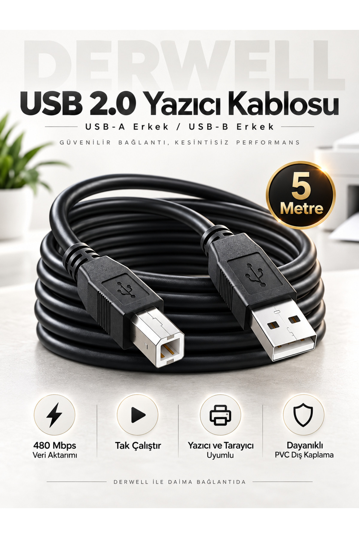 5 Metre USB Yazıcı Kablosu Mürekkep Püskürtmeli Lazer Fotokopi Hepsi Bir Arada Uyumlu Sağlam Barkod Yazıcı Bağlantı Kablosu