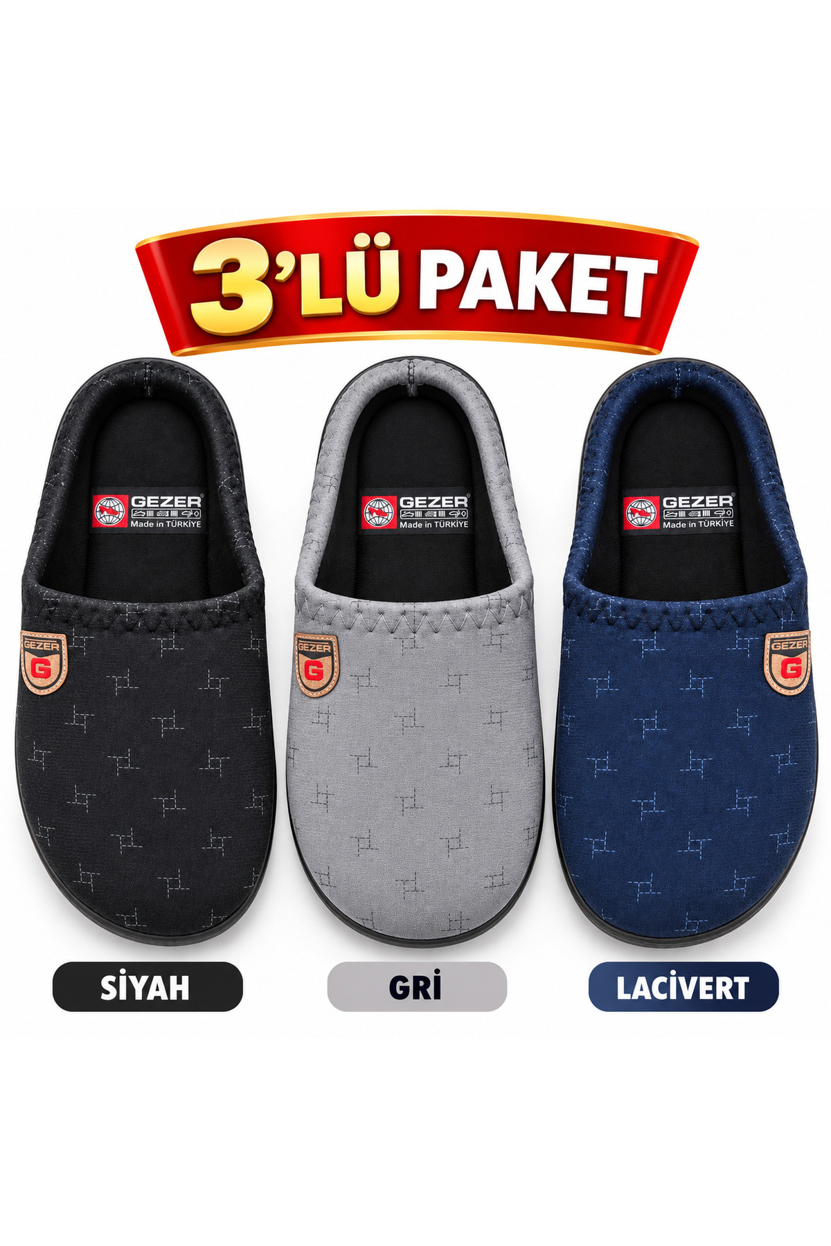 GEZER 3'lü Paket Kışlık Erkek Ev Misafir Çeyiz Bohça Terliği görsel 2