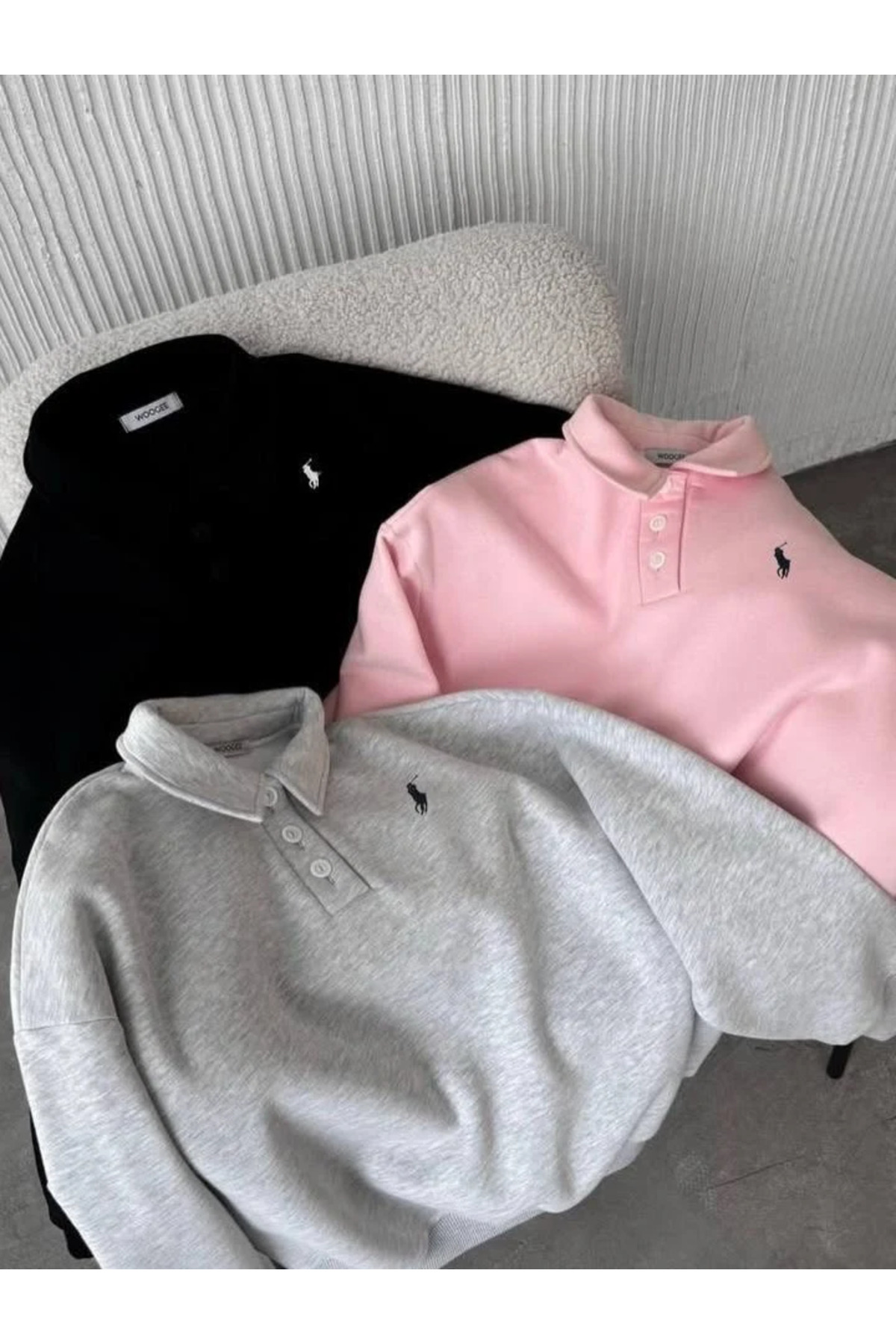 Violon Polo Yaka Nakış Detaylı Basic Oversize Unisex Sweatshirt