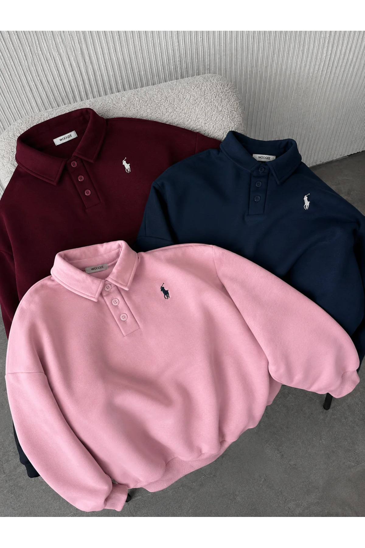 Polo Yaka Nakış Detaylı Basic Oversize Unisex Sweatshirt — سرمه‌ای polonkx1 — تصویر 3 از 3