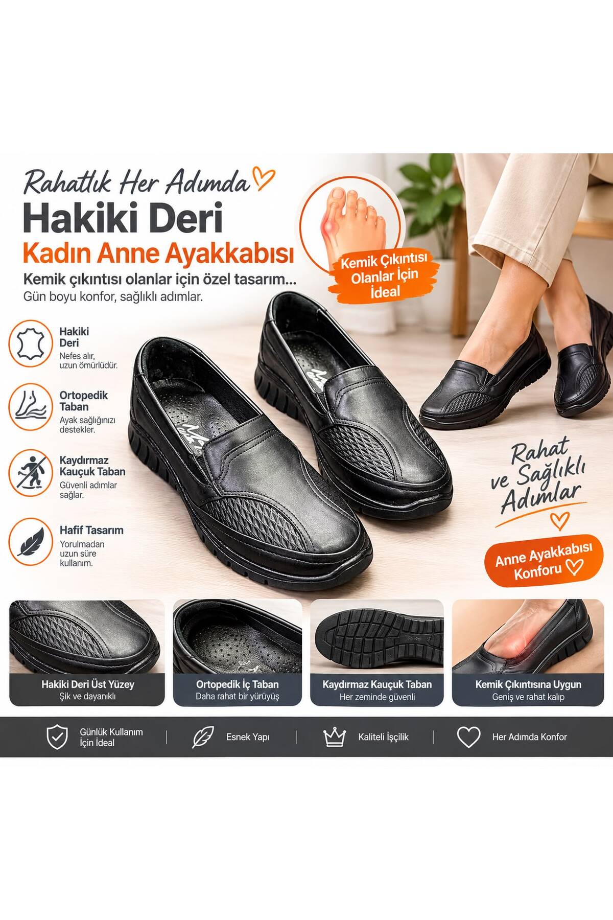 İYİSİNDEN SHOES Hakiki Deri Kadın Anne Ayakkabısı - Kemik Çıkıntısına Uygun - Ortopedik Taban Kaydırmaz Kauçuk Taban Rahat Kalıp