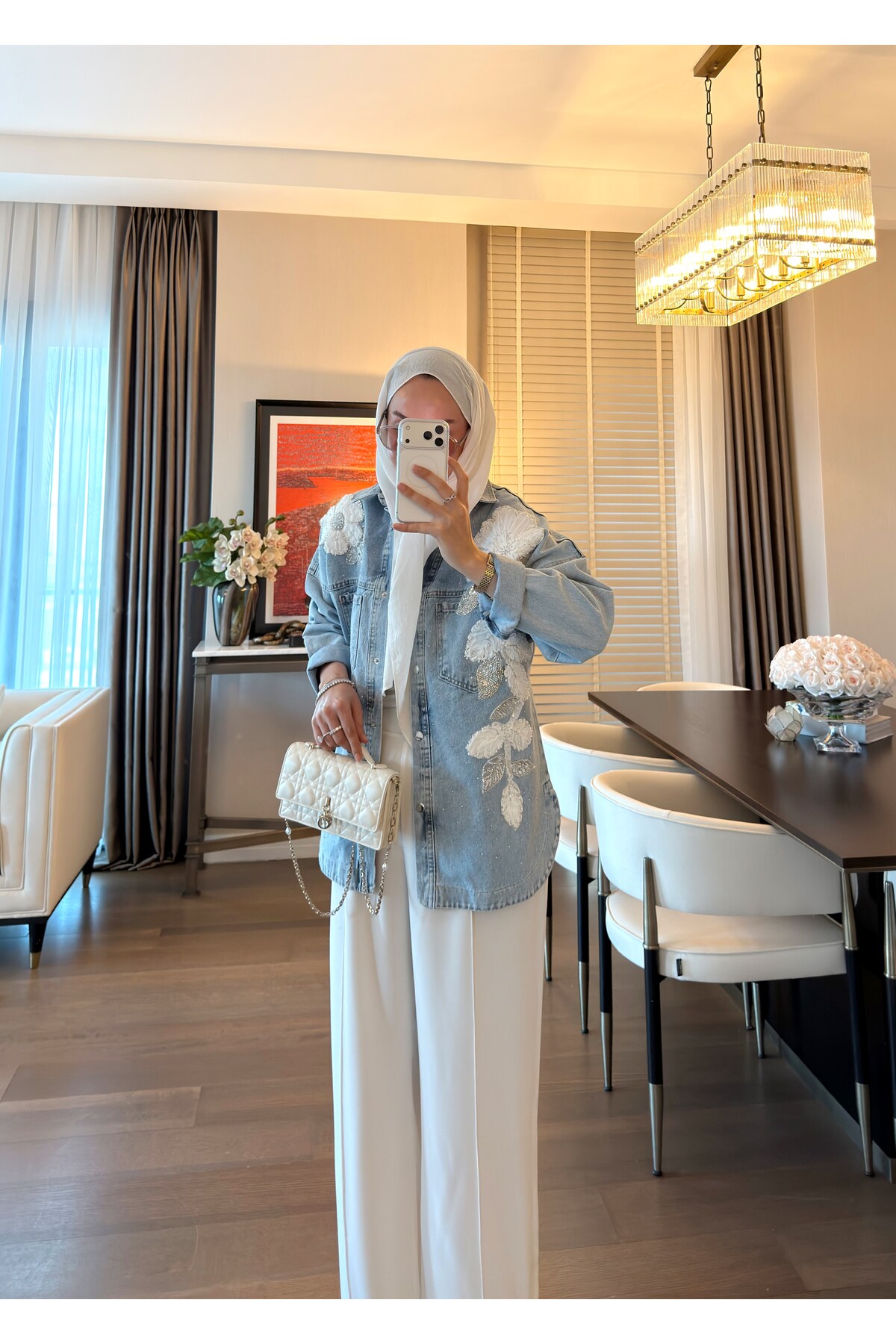 SOİ Floral Nakış İşlemeli Denim Ceket Mavi görsel 2
