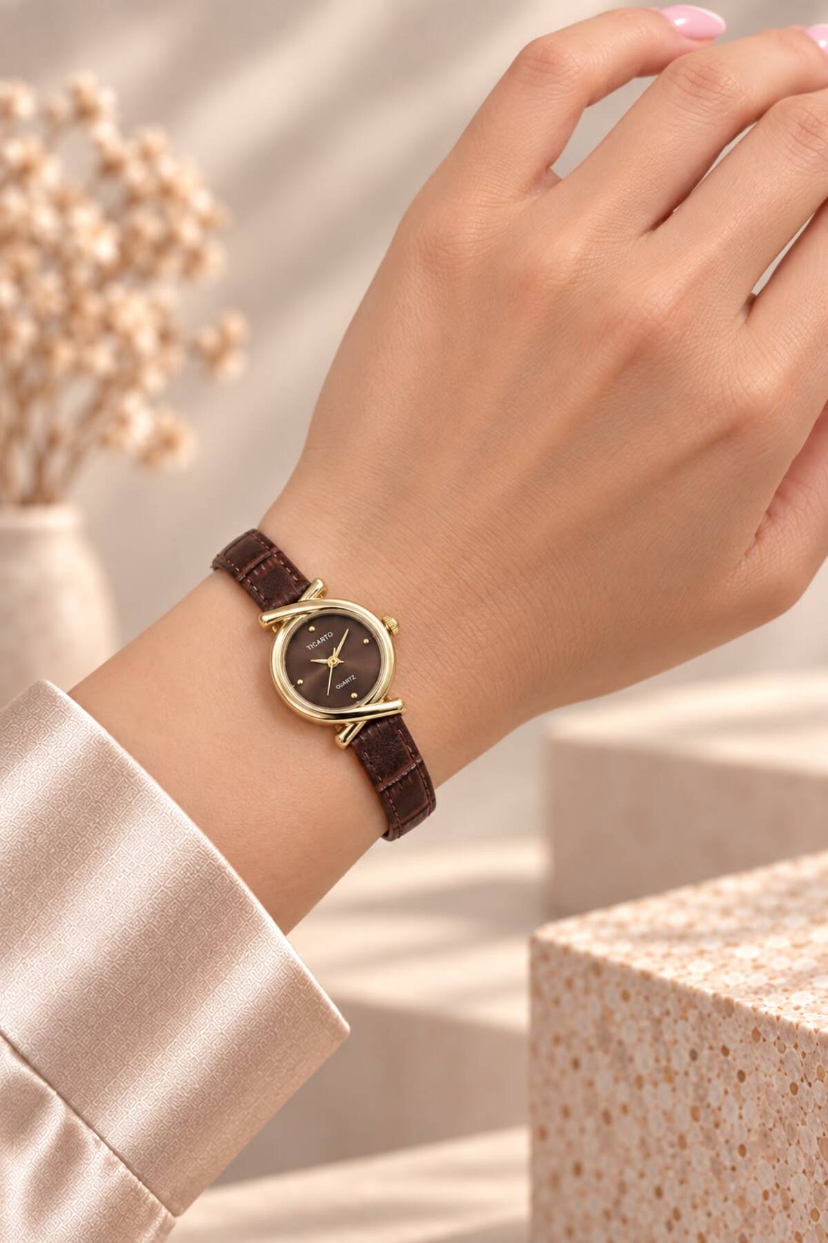 YUESSE Minimal Vintage Retro Siyah Kahve Krem Deri Kordon 22mm Kol Saati görsel 3