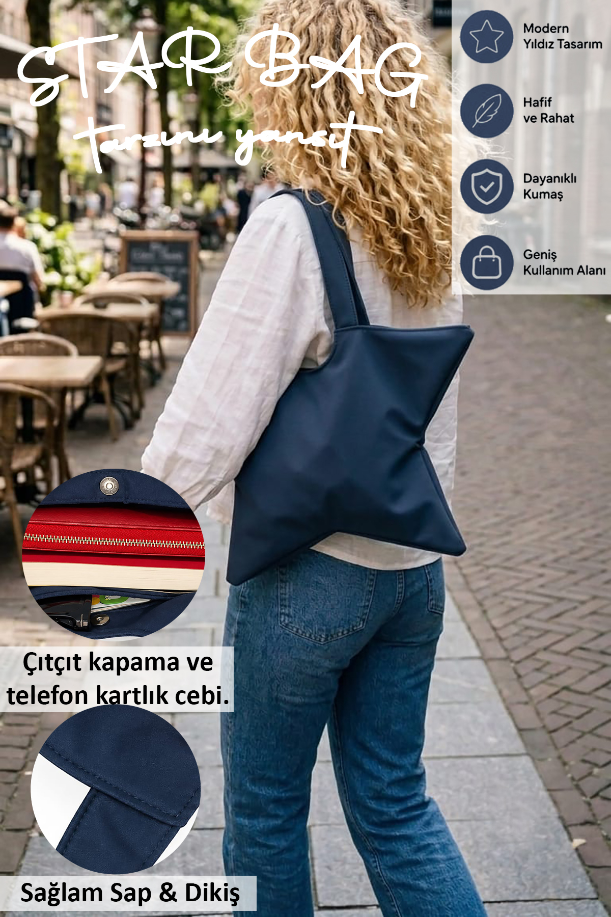 tuttobene STAR BAG Yıldız Çanta Çıtçıtlı İç Cepli Özel Tasarım Omuz Çantası Su geçirmez Leke Tutmaz TB052 görsel 2
