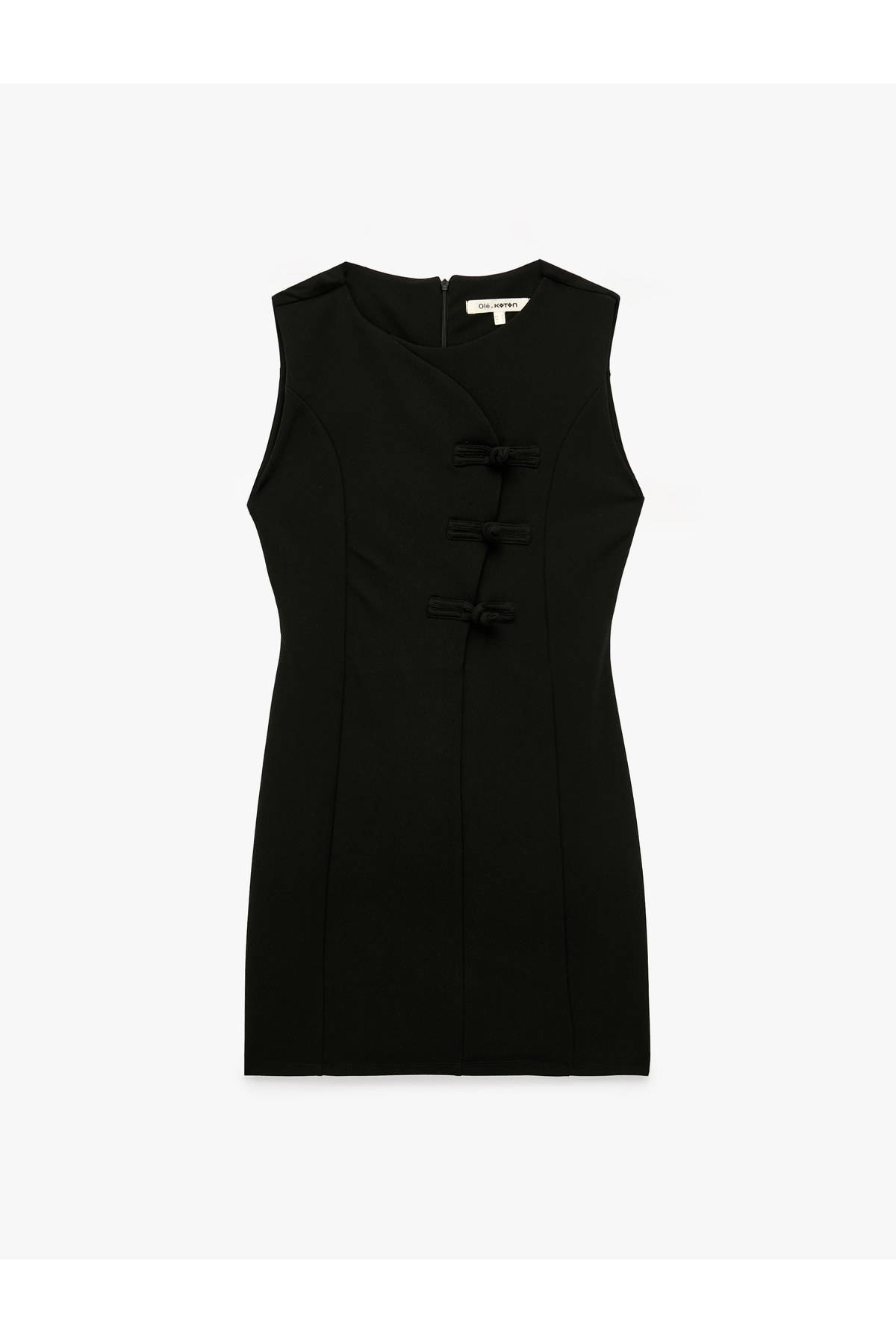 Slim Fit Düğmeli Kurbağa Kapama Bisiklet Yaka Kolsuz Krep Mini Elbise