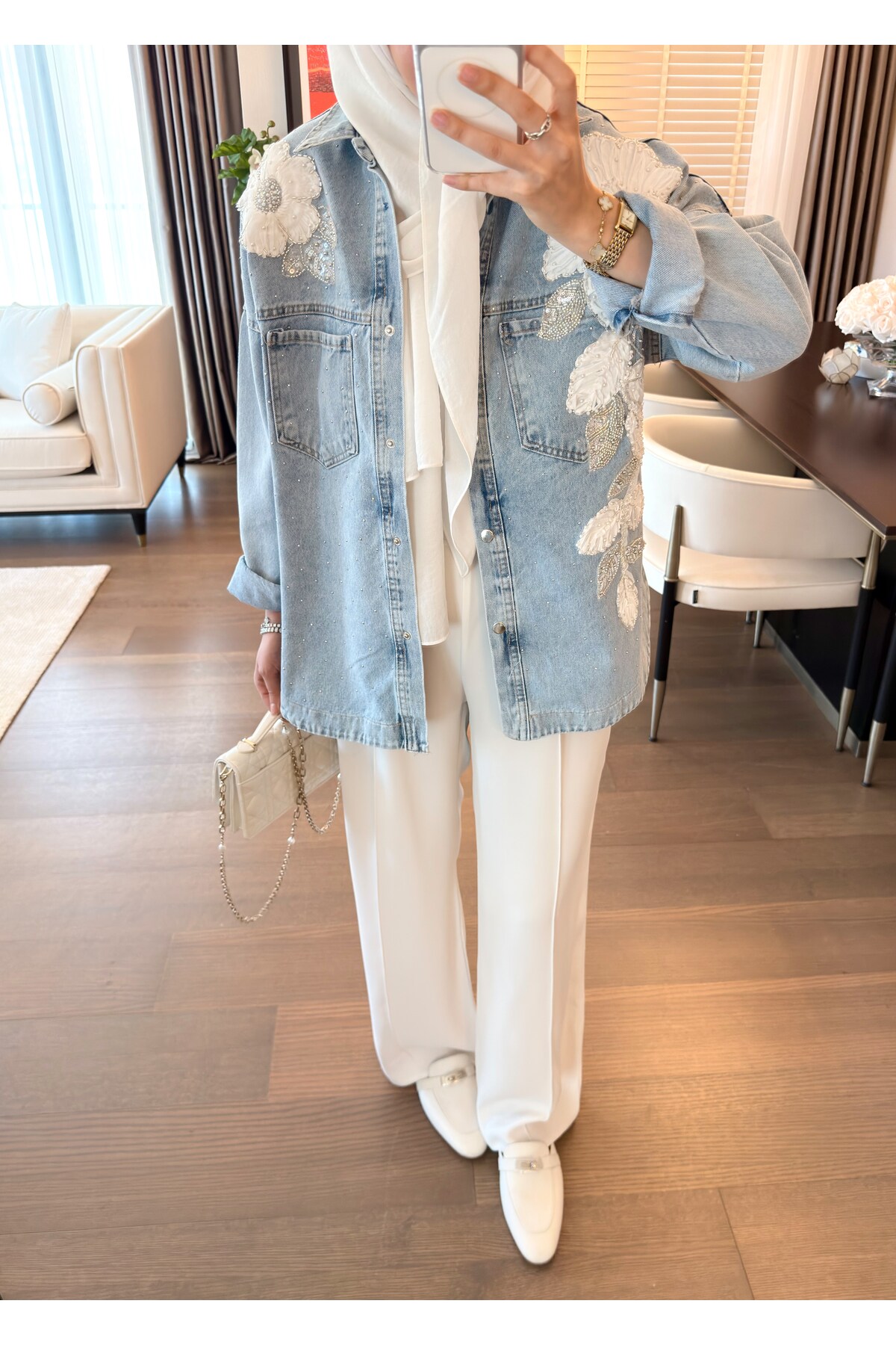 SOİ Floral Nakış İşlemeli Denim Ceket Mavi görsel 3