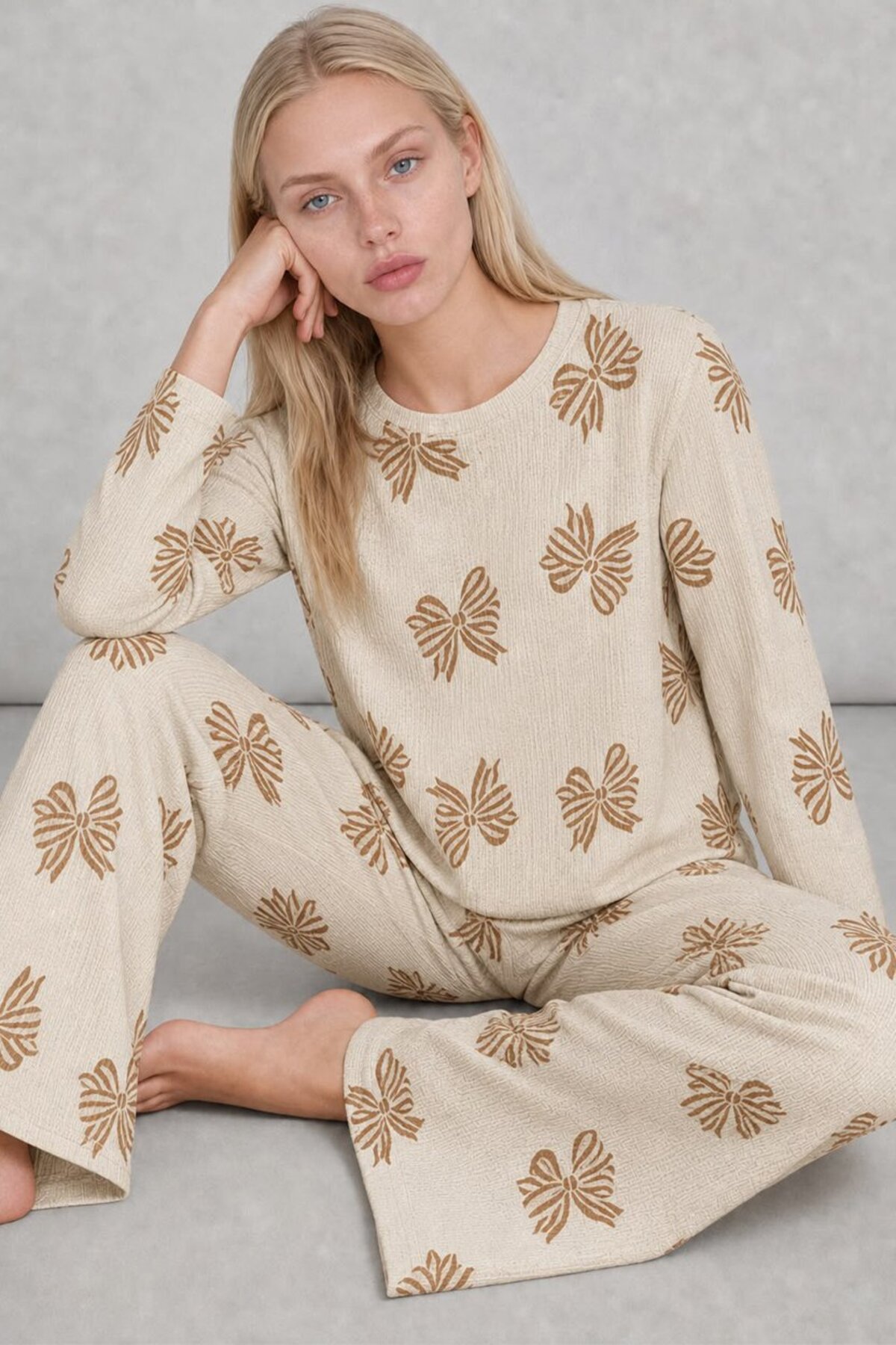 FİT WOMEN Kadın Desenli Uzun Kollu Krem Pijama Takımı 4762 görsel 2