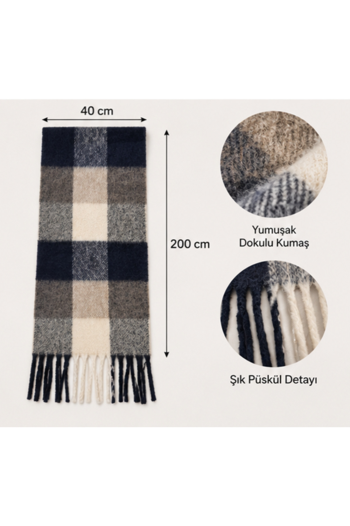 elden co Lacivert / Gri Ekose Desenli Yumuşak Dokulu Püsküllü Uzun Atkı 40x200 cm görsel 3