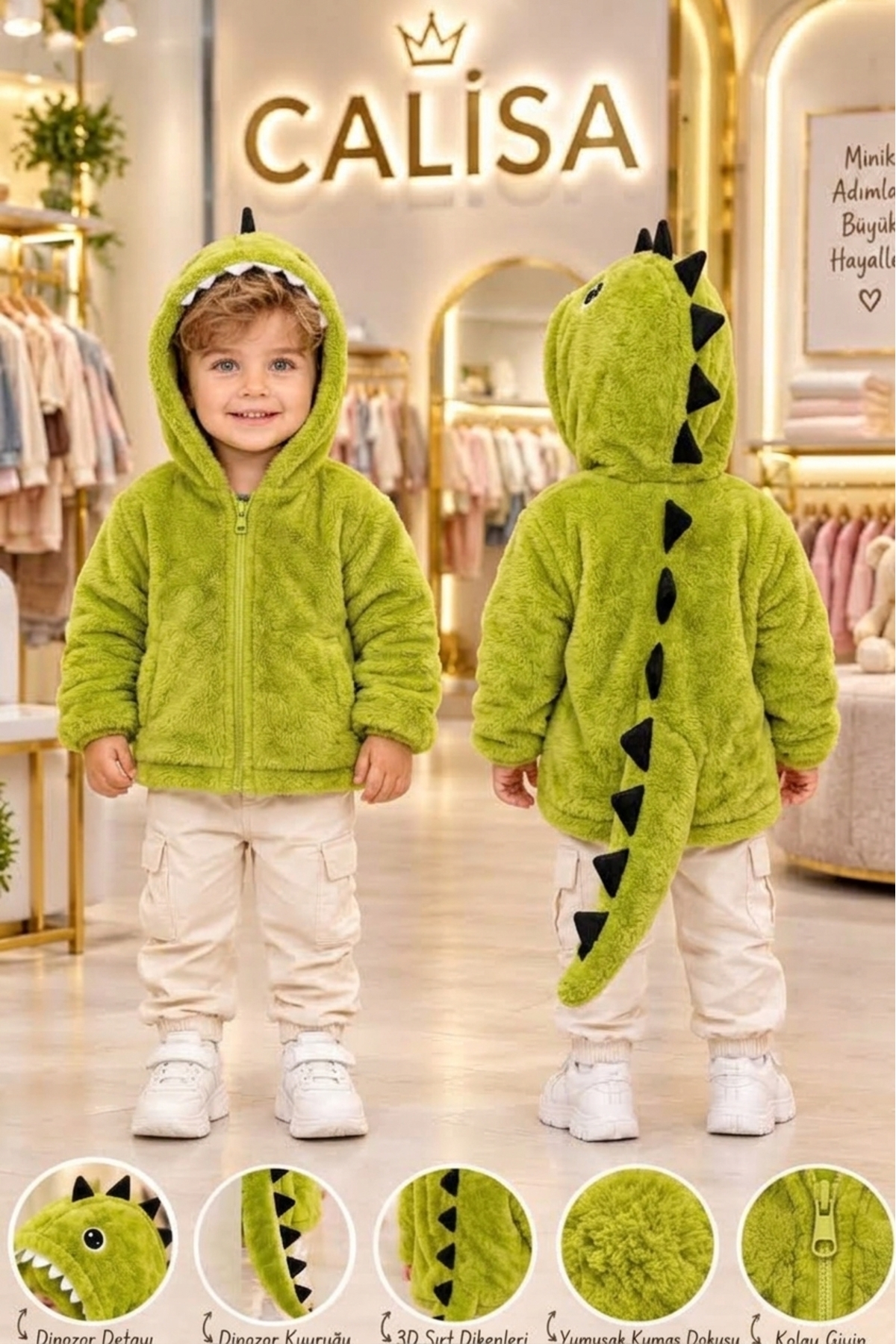 Calisa Dinozor Kuyruklu Peluş Kapüşonlu Çocuk Hırka Unisex 2-5 Yaş