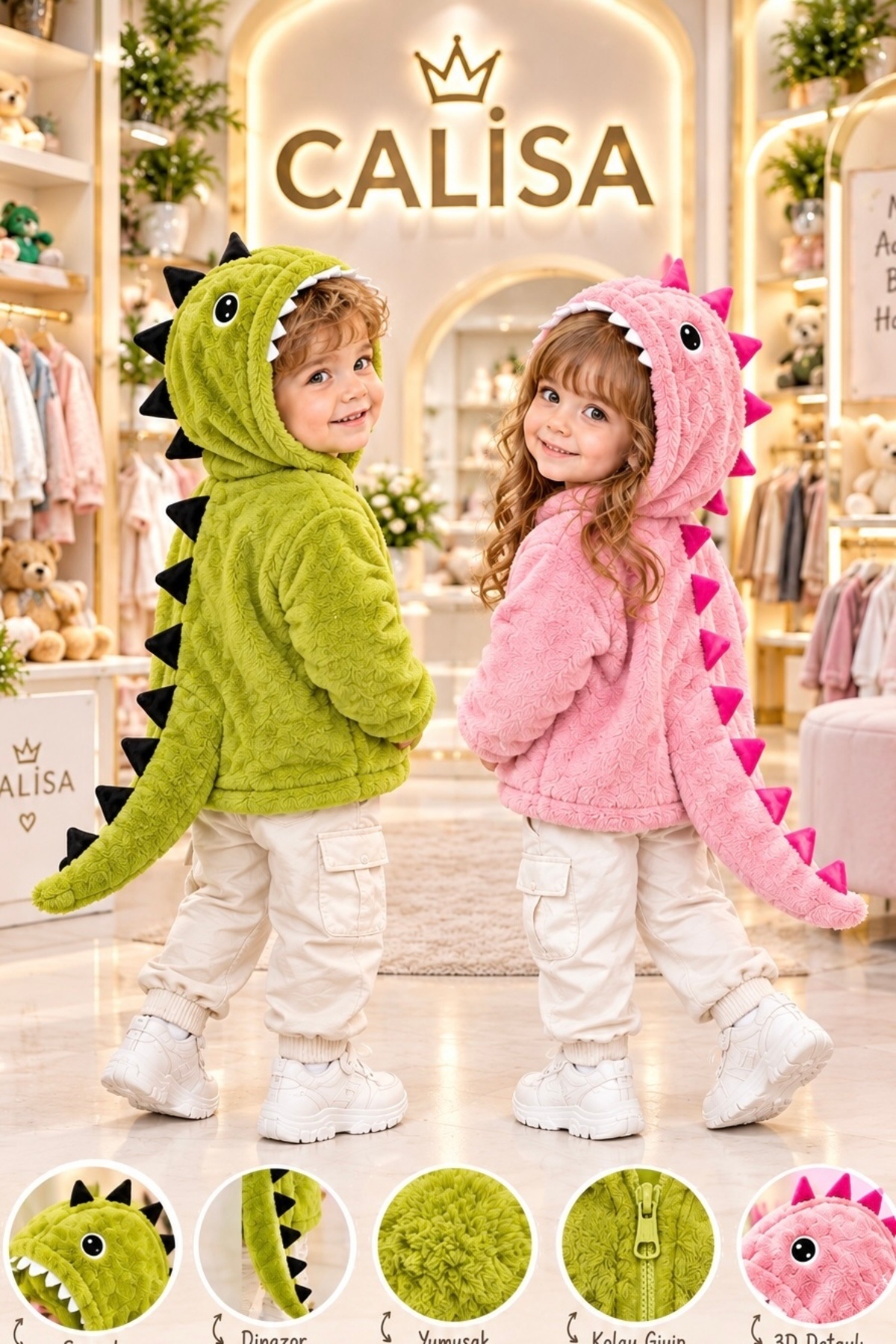 Calisa Dinozor Kuyruklu Peluş Kapüşonlu Çocuk Hırka Unisex 2-5 Yaş