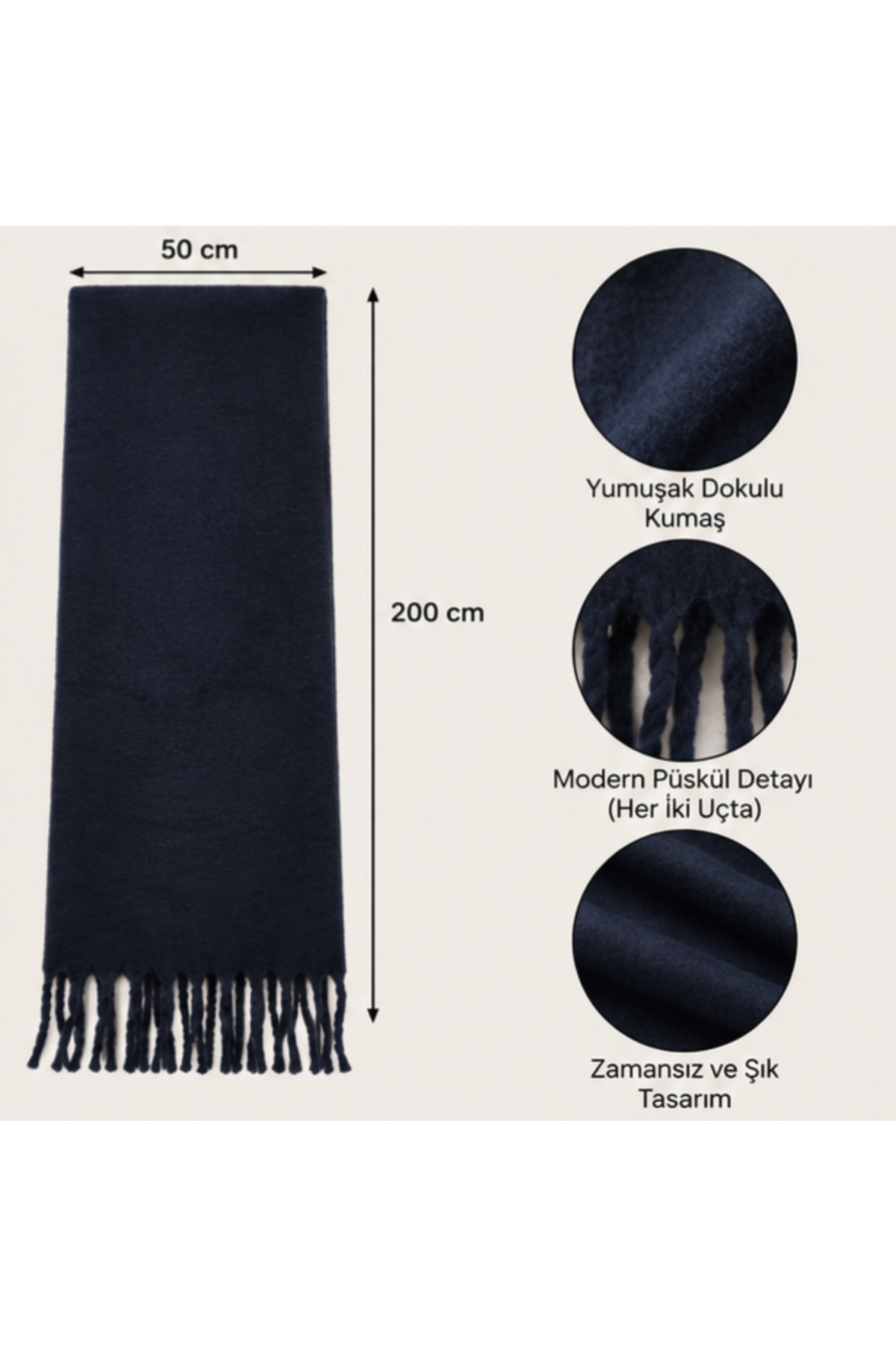 elden co Lacivert Renk Yumuşak Dokulu Püsküllü Uzun Atkı/ Şal 50x200 cm görsel 3
