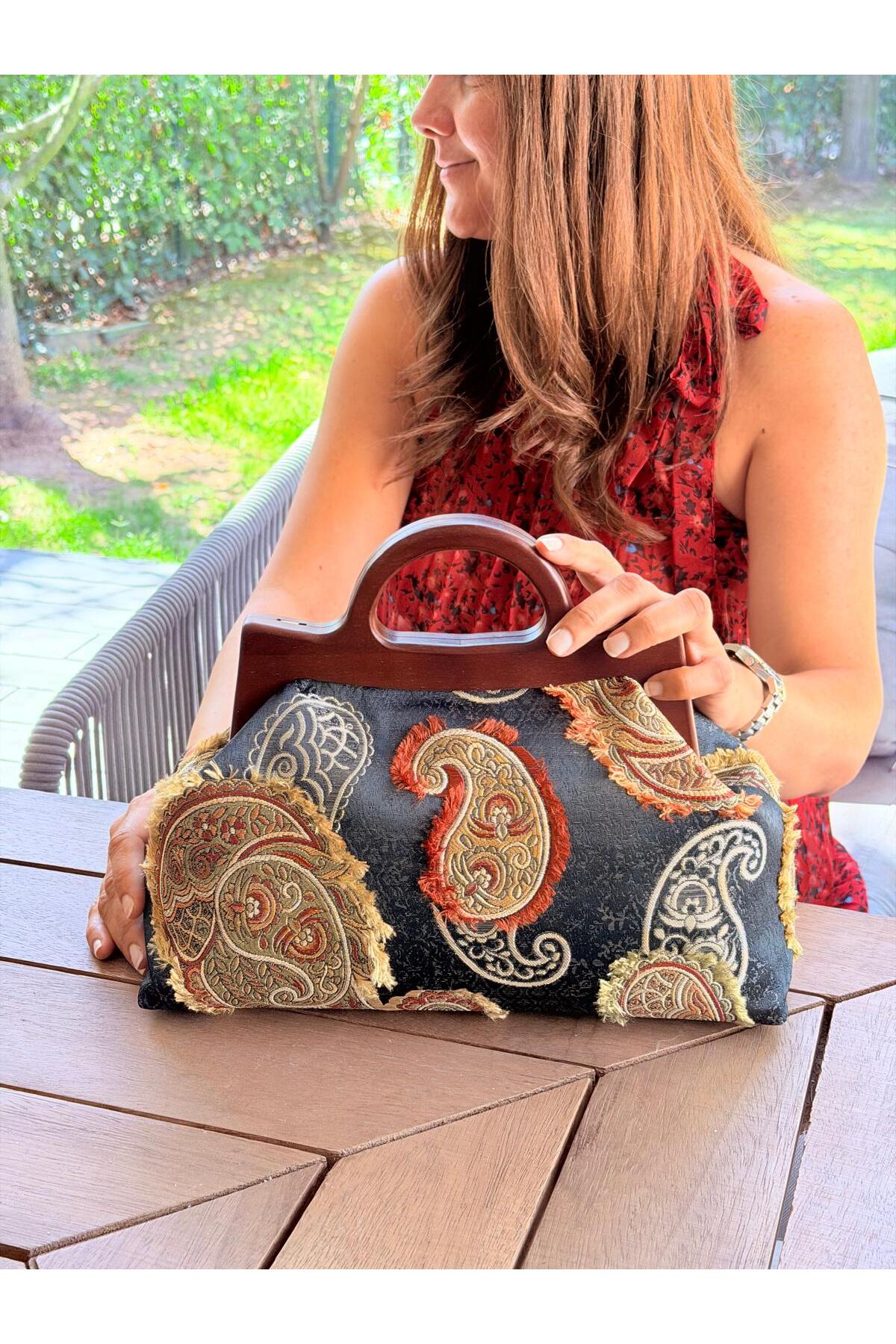 JOPHIEL ATELIER Cassiel - Ahşap Burslu Kumaş Portföy Çanta, Clutch, El Çantası görsel 2