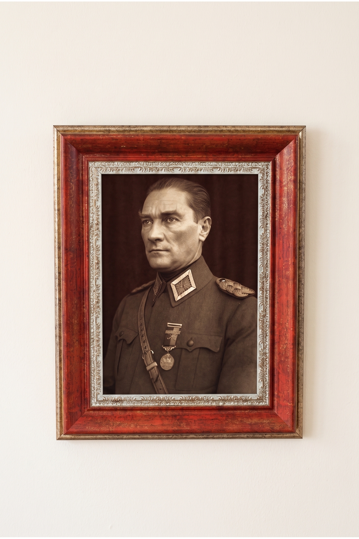 Atatürk Tablosu, Çerçeveli, Camlı, Ayaklı, Kaliteli Baskı Dekoratif Duvar ve Masaüstü Tablosu – Maun Kırmızısı