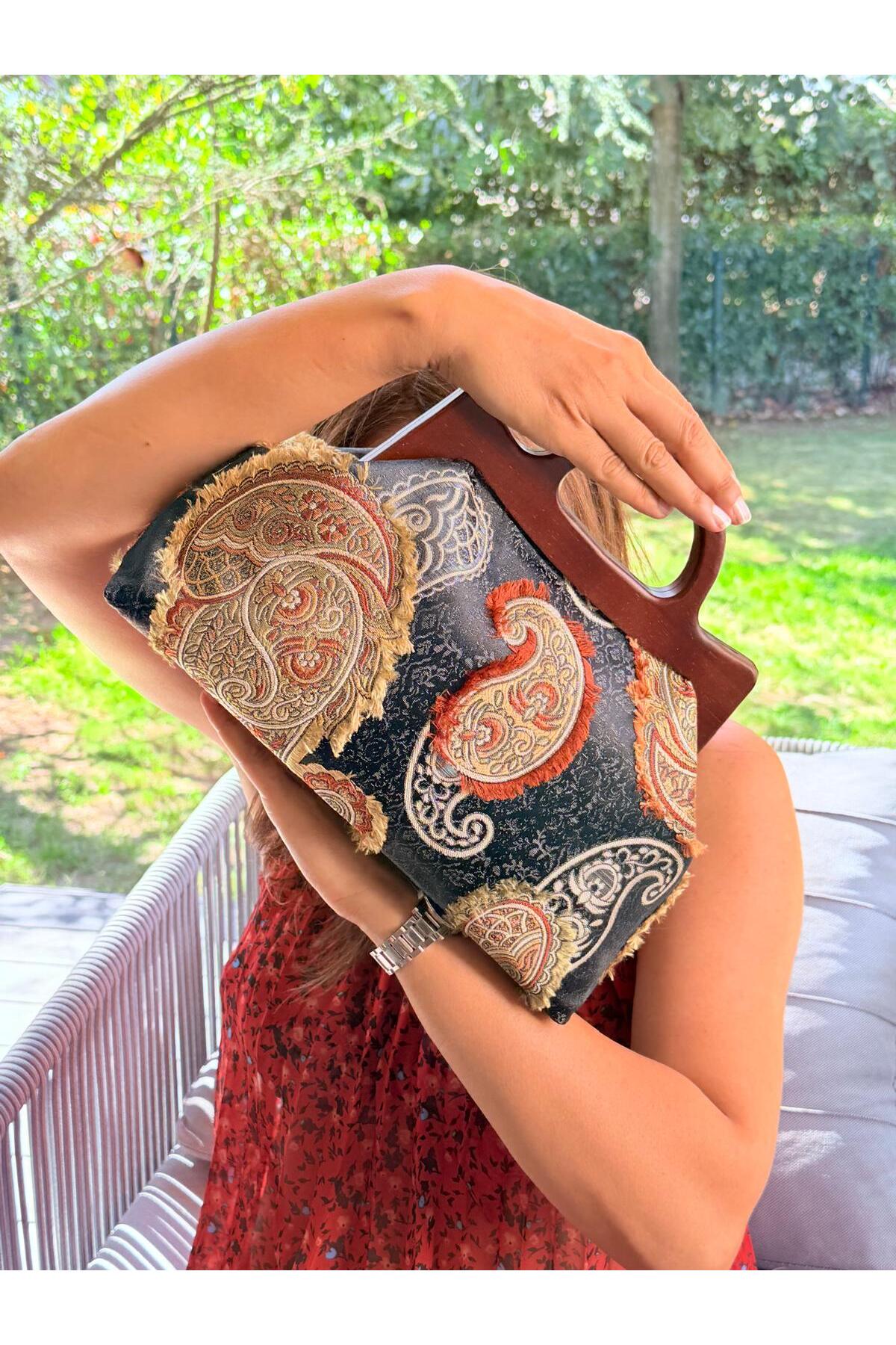 JOPHIEL ATELIER Cassiel - Ahşap Burslu Kumaş Portföy Çanta, Clutch, El Çantası görsel 5
