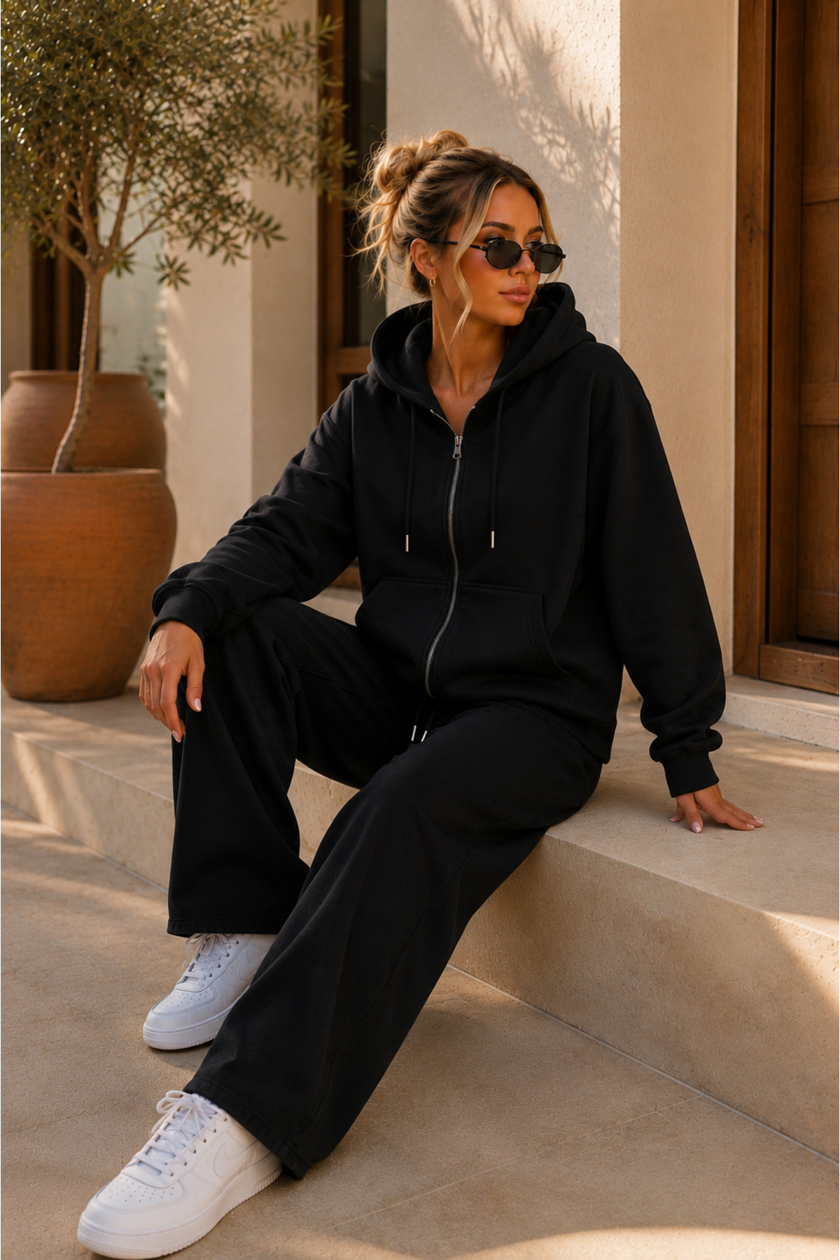 Premium Unisex Kapüşonlu Fermuarlı Cepli Üç İplik Oversize Hırka Sweatshirt — مشکی FECCY-HIRKA-01 — تصویر 5 از 5
