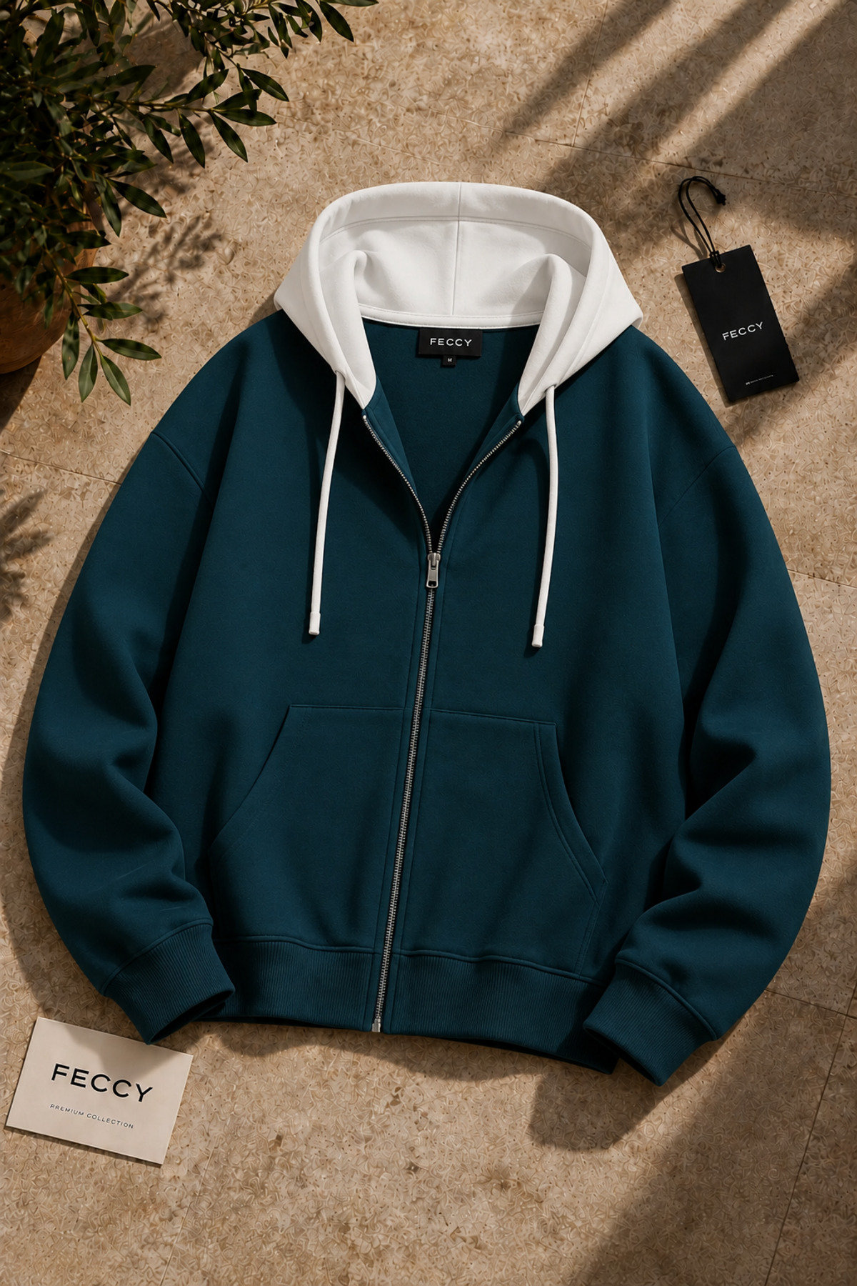 Premium Unisex Kontrast Kapüşonlu Fermuarlı Cepli Üç İplik Oversize Hırka Sweatshirt — آبی FECCY-HIRKA-02