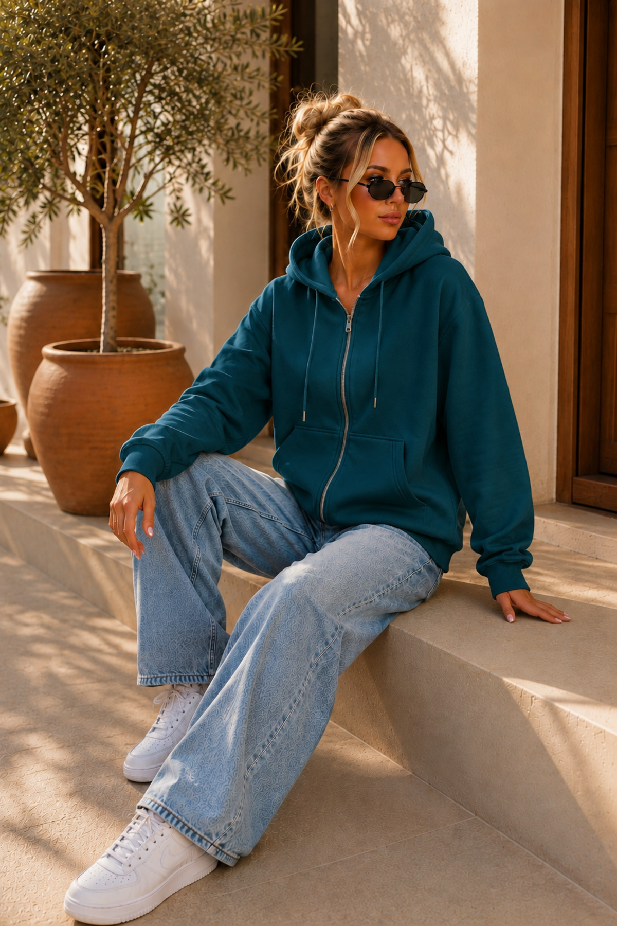 Premium Unisex Kapüşonlu Fermuarlı Cepli Üç İplik Oversize Hırka Sweatshirt — آبی FECCY-HIRKA-01 — تصویر 5 از 5