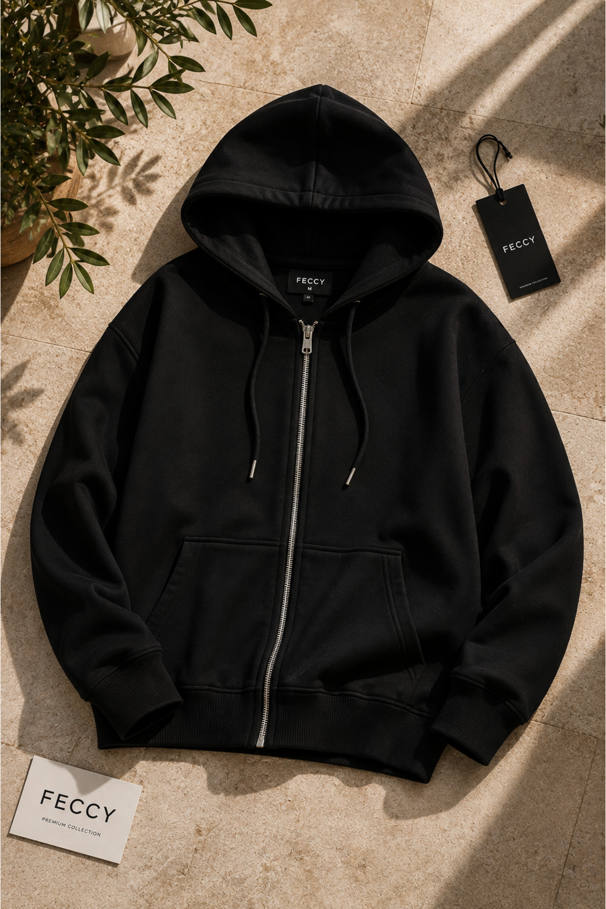 Premium Unisex Kapüşonlu Fermuarlı Cepli Üç İplik Oversize Hırka Sweatshirt — مشکی FECCY-HIRKA-01