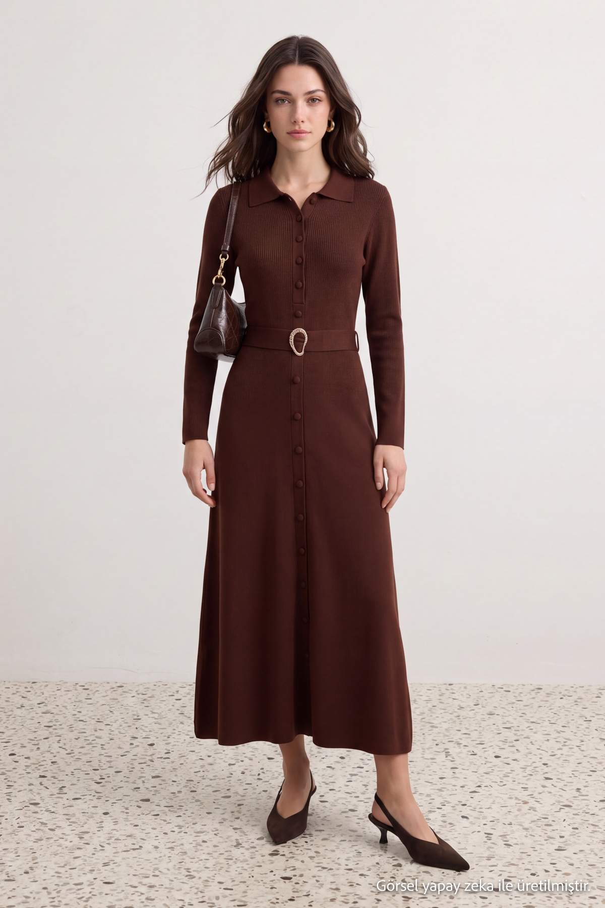 Trendyolmilla Modest Kahverengi Düz Bel Bağlama Detaylı Polo Yaka Triko Tesettür Elbise TCTAW27EB00012