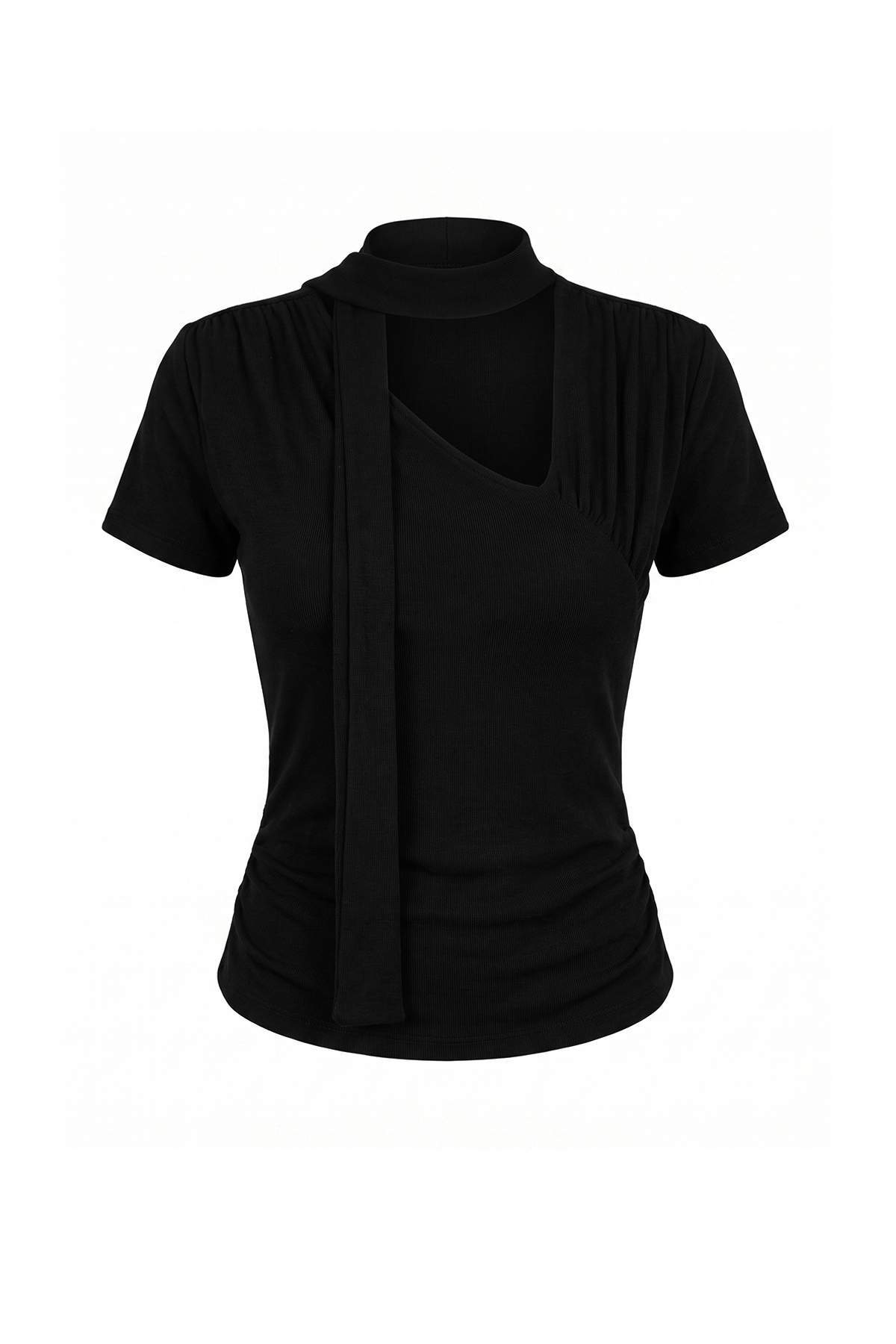 Trendyolmilla Siyah Transparan Fitted/Vücuda Oturan Fular Yaka Crop/Kısa Fake Triko Örme Bluz TWOAW27BZ00218