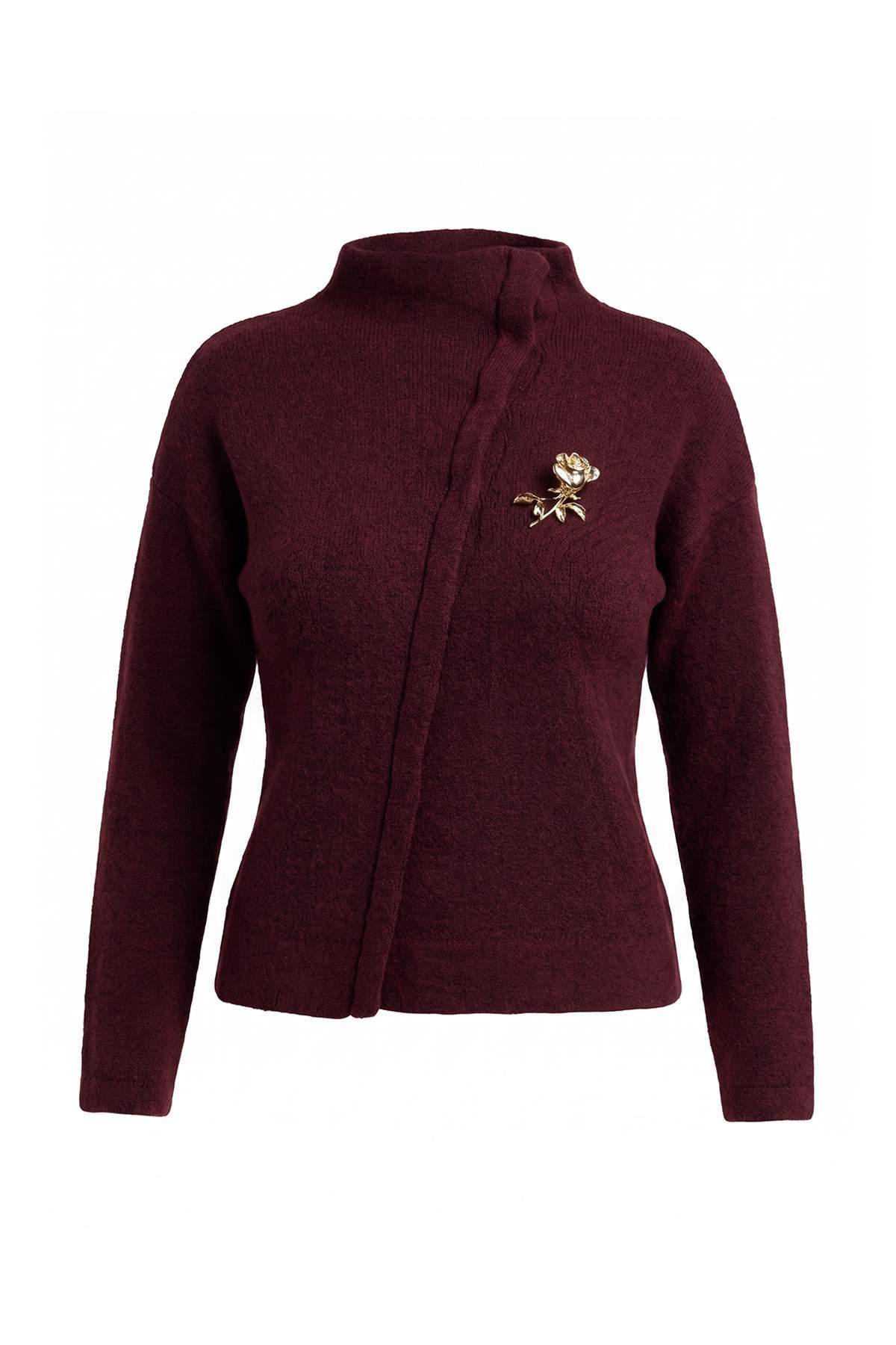 Trendyolmilla Bordo Mont Görünümlü Dik Yaka Kalın Triko Hırka TWOAW27HI00166