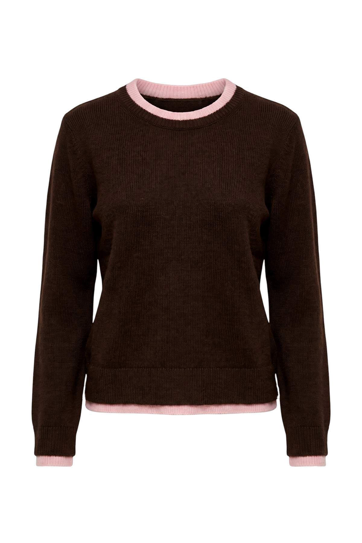 Trendyolmilla Wardrobe Essentials Kahverengi Yumuşak Dokulu Renk Bloklu Bisiklet Yaka Triko Kazak TWOAW27KZ00188